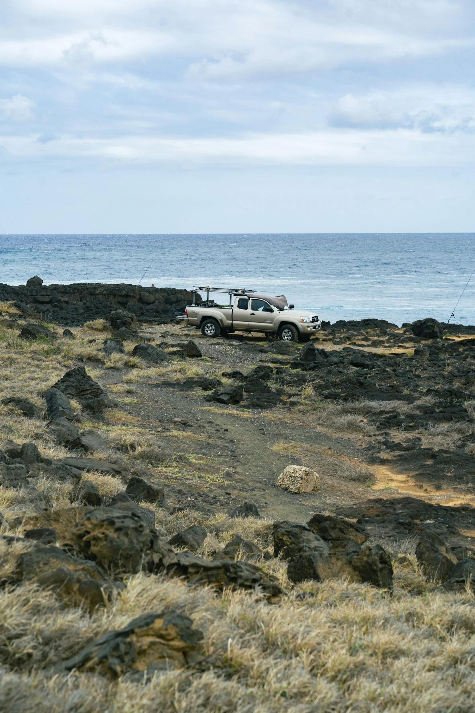 A pickup truck parked on a rocky and grassy coastline near the ocean with cloudy skies above.