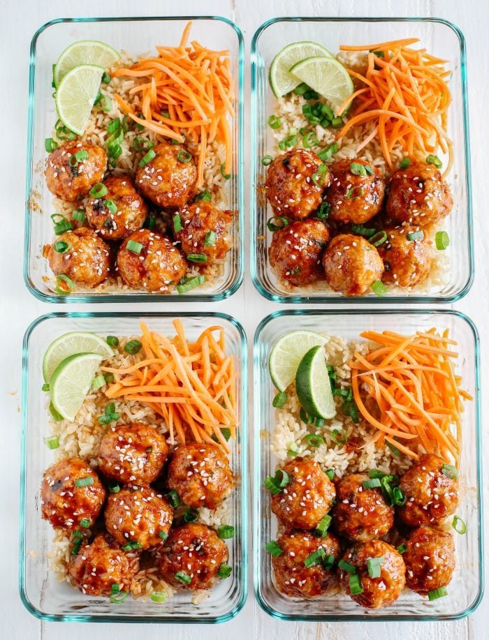 Sriracha Honey Meatballs + Brown Rice + Carrot Salad