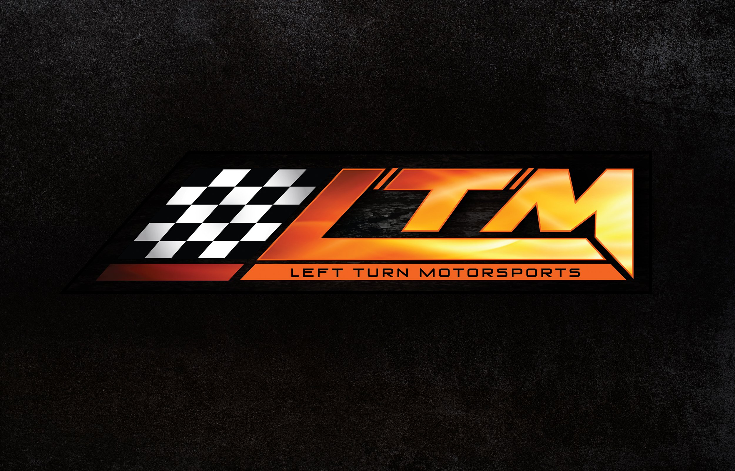 Logo with "LTM" in bold orange letters and "Left Turn Motorsports" in smaller font, featuring a checkered racing flag design on a dark textured background.