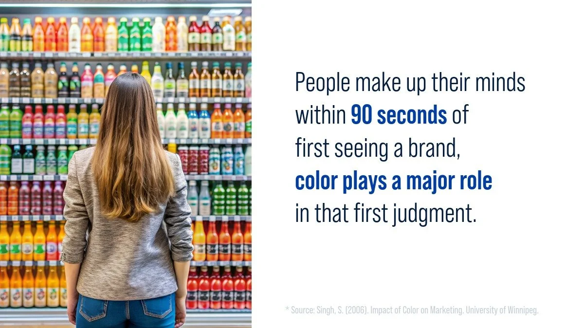 Graphic stating that people form an opinion within 90 seconds of seeing a brand and that color plays a major role, with a grocery aisle photo in the background.