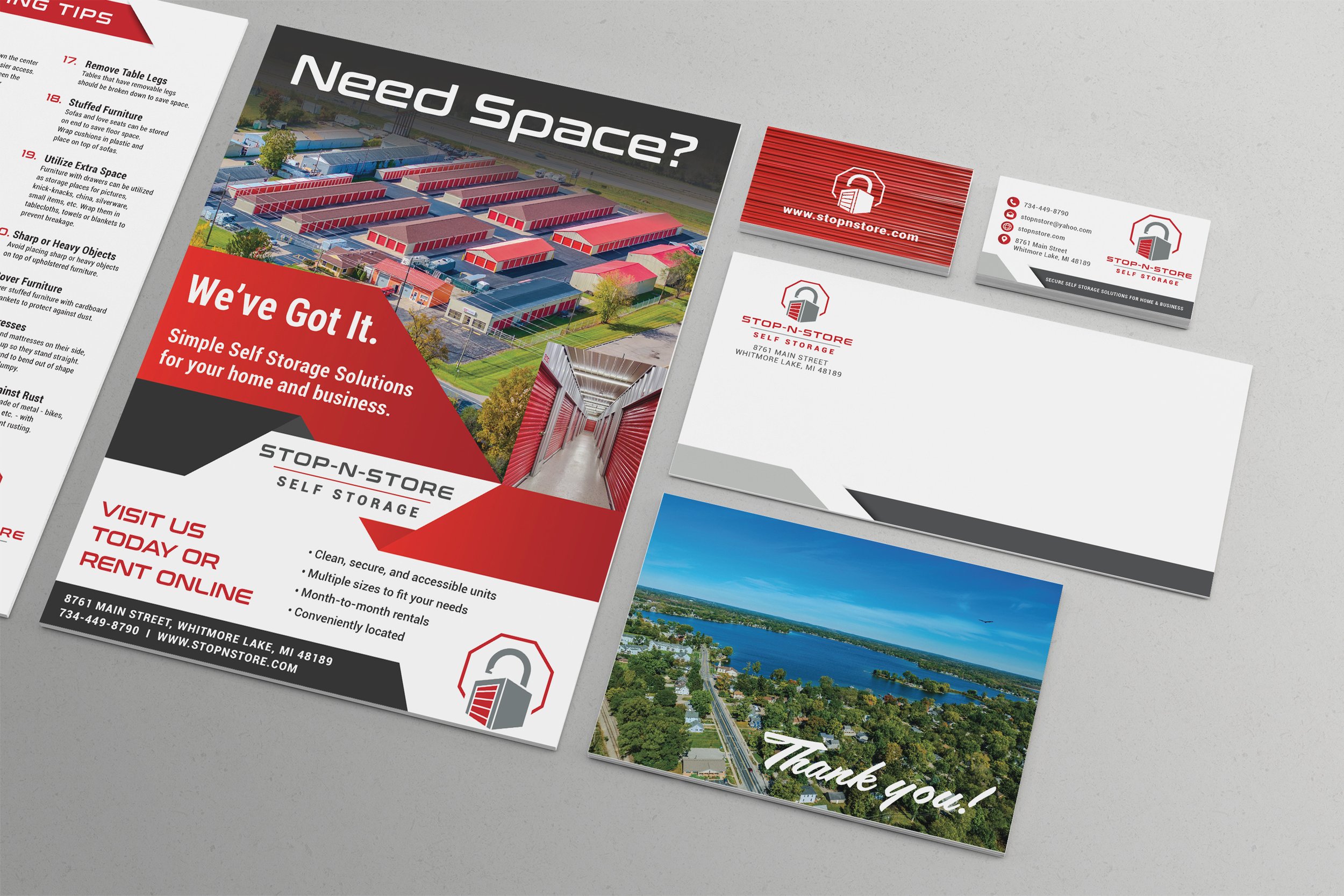 flyer, business cards, envelope, thank you card