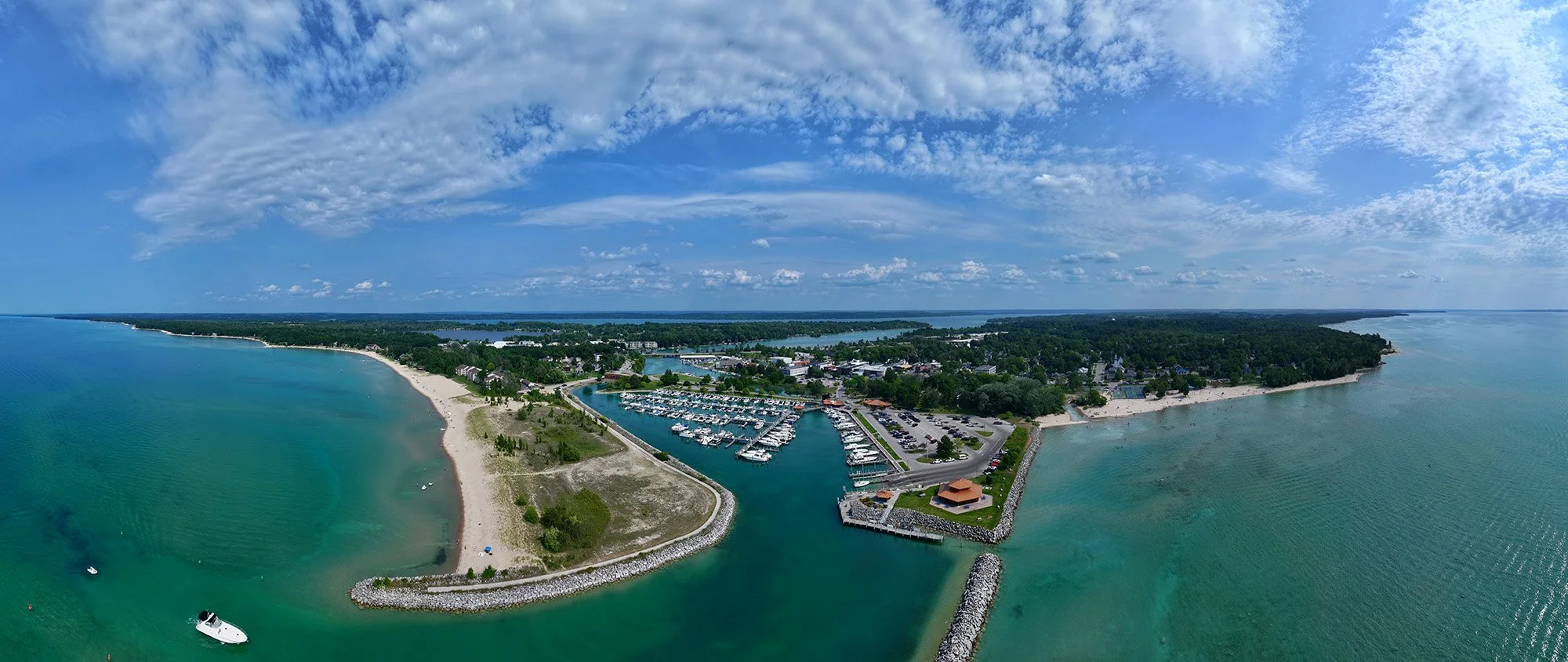 Elk Rapids Harbor, Lake Michigan Aerial Panoramic drone photography