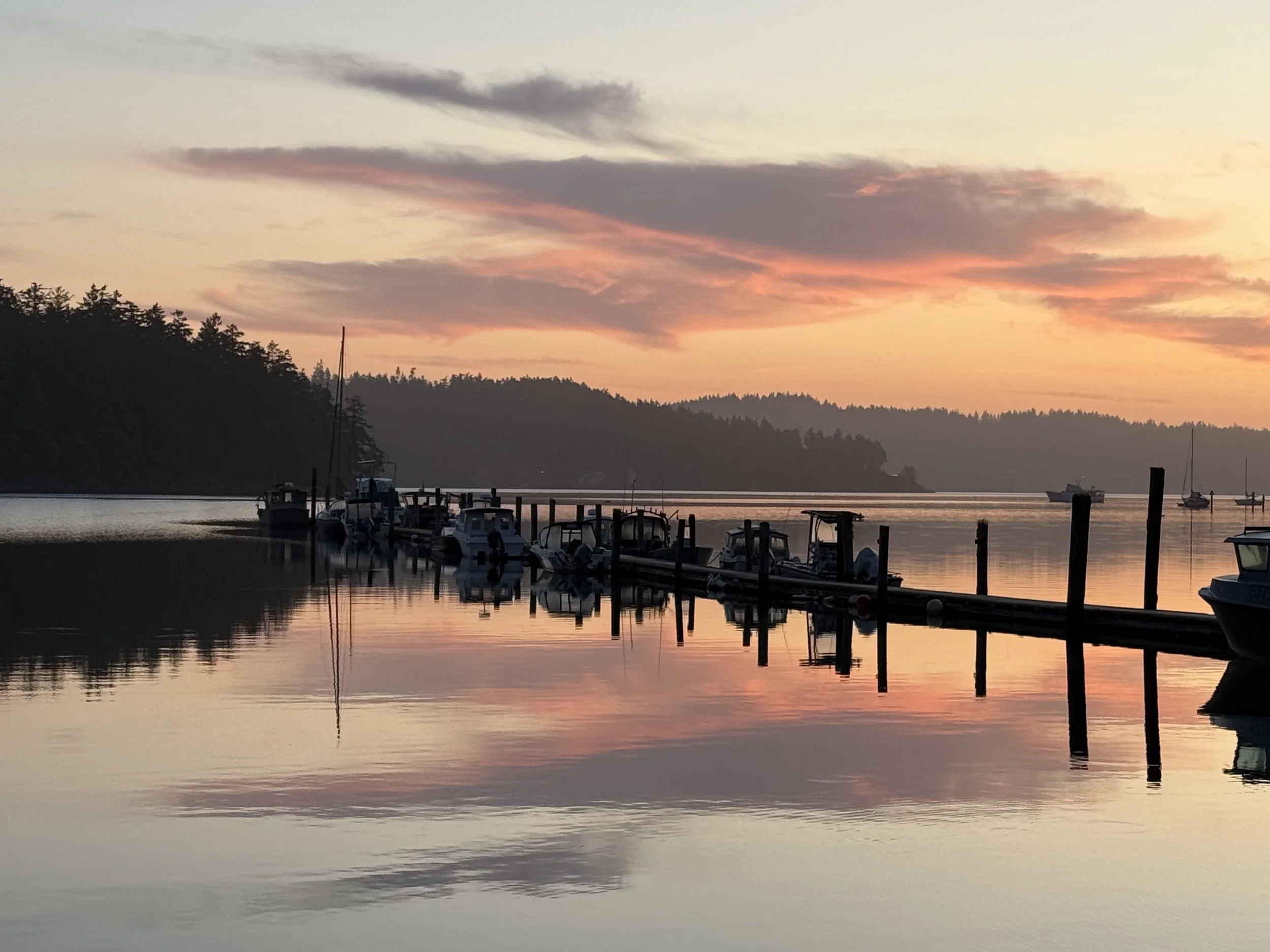 A tranquil harbor scene at sunset with boats moored along a pier, calm water reflecting the colorful sky, and distant hills and trees in the background.