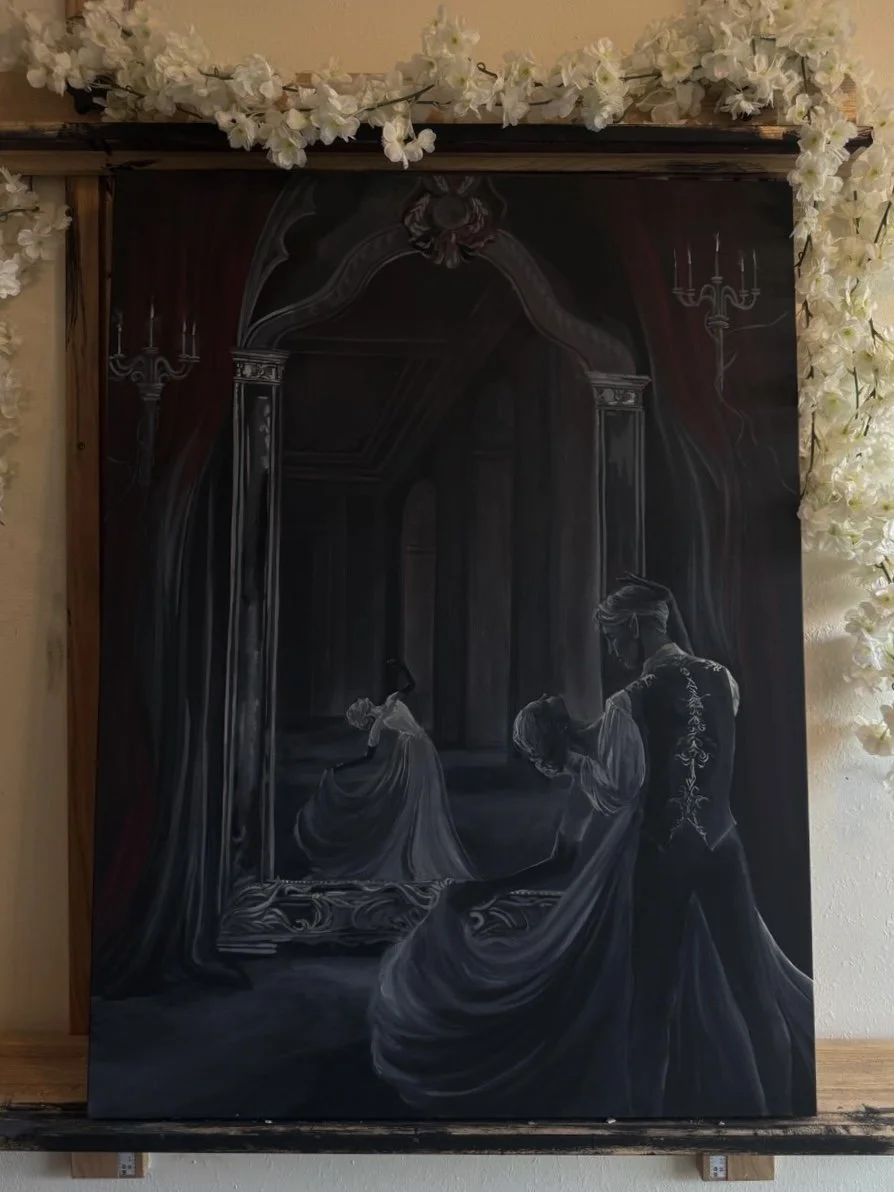 A monochromatic painting of an elegant woman in a gown, standing before a large ornate mirror. The scene is set in a luxurious room with dark curtains and chandeliers visible in the reflection, surrounded by white floral decorations.