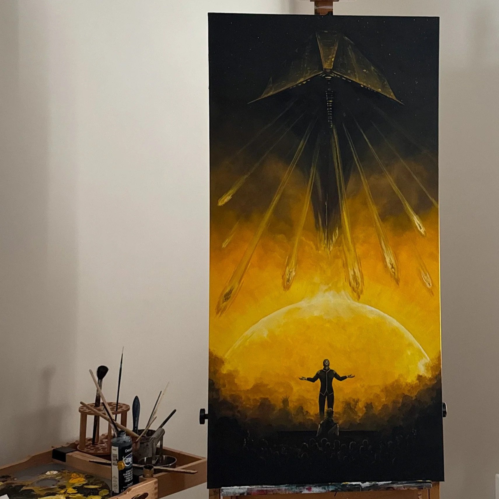 A painting depicting a scene with a speaker on stage in front of a large crowd, a bright yellow sun in the background, and a dark, spaceship-like object with golden beams descending from it.