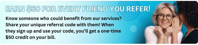 Referral program offer with image of two people interacting. Text reads: "Earn $50 for every friend you refer! Know someone who could benefit from our services? Share your unique referral code with them! When they sign up and use your code, you’ll ge