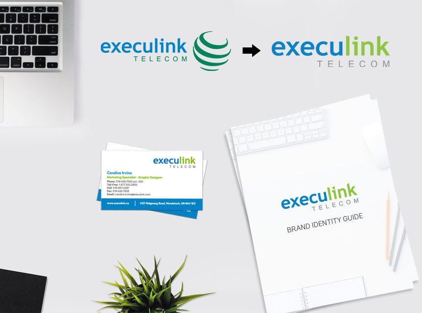 Execulink Telecom logo redesign, business cards, and brand identity guide with a laptop and plant on a white desk.