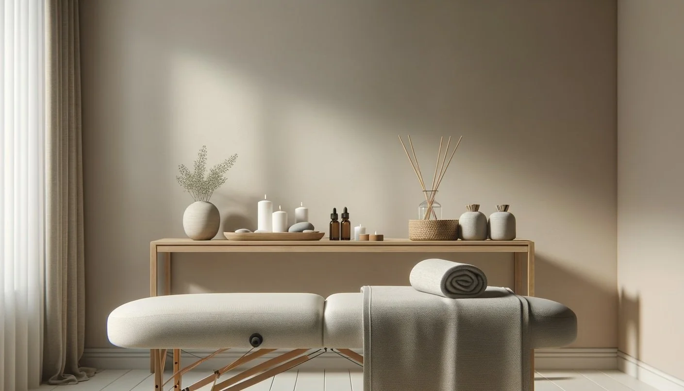 Spa or massage room with a massage table, rolled towel, and minimalist decor including candles, vases, and reed diffuser. Meditation and wellness