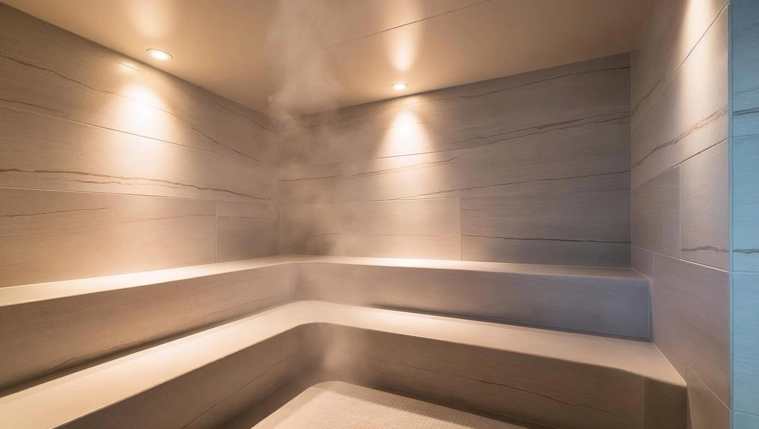 Steam room with tiled walls and built-in benches, illuminated by recessed ceiling lights.