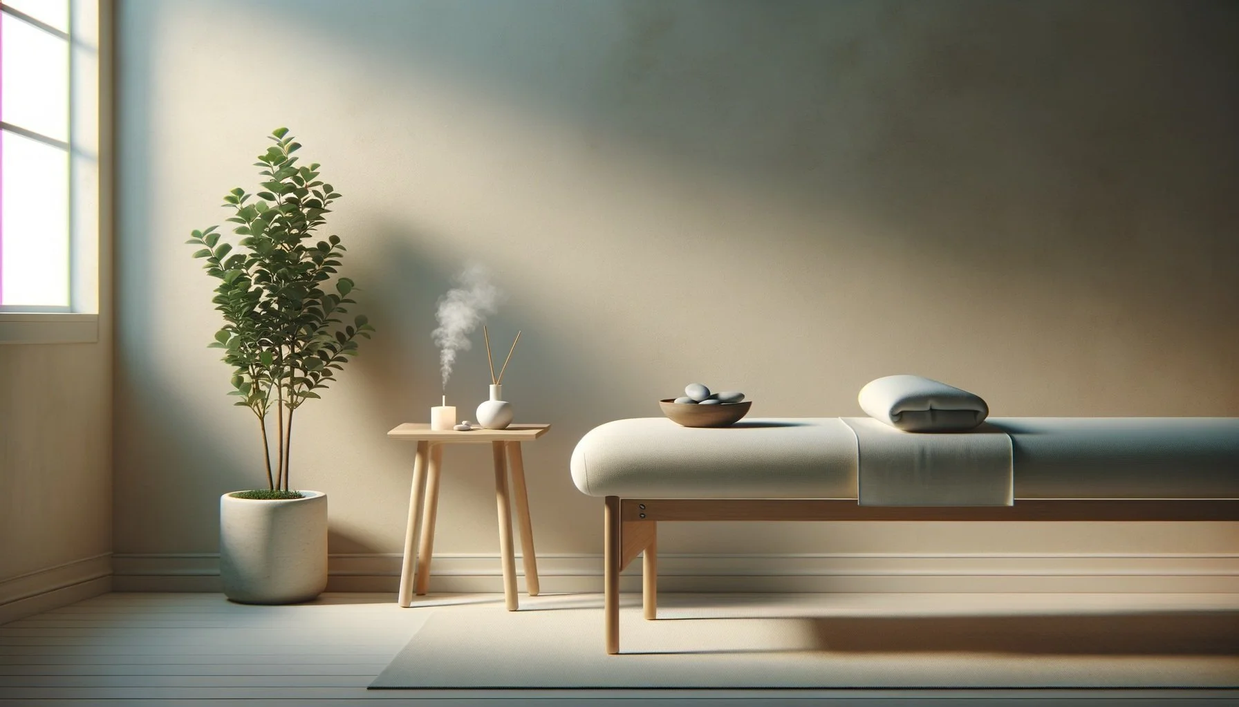 A minimalist interior with a massage table, a potted plant, and a small table with a scented diffuser emitting vapor, complemented by a bowl of stones and a rolled towel. Peaceful and zen
