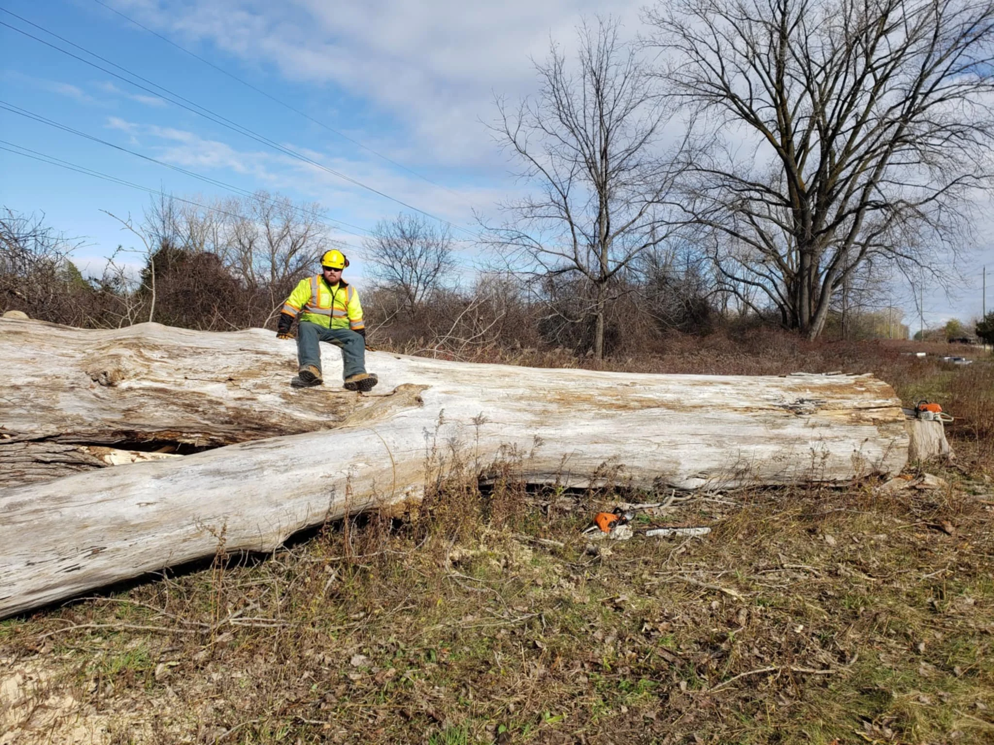 A construction worker sitting on a large fallen tree log in an outdoor, rural area with leafless trees and a partly cloudy sky.