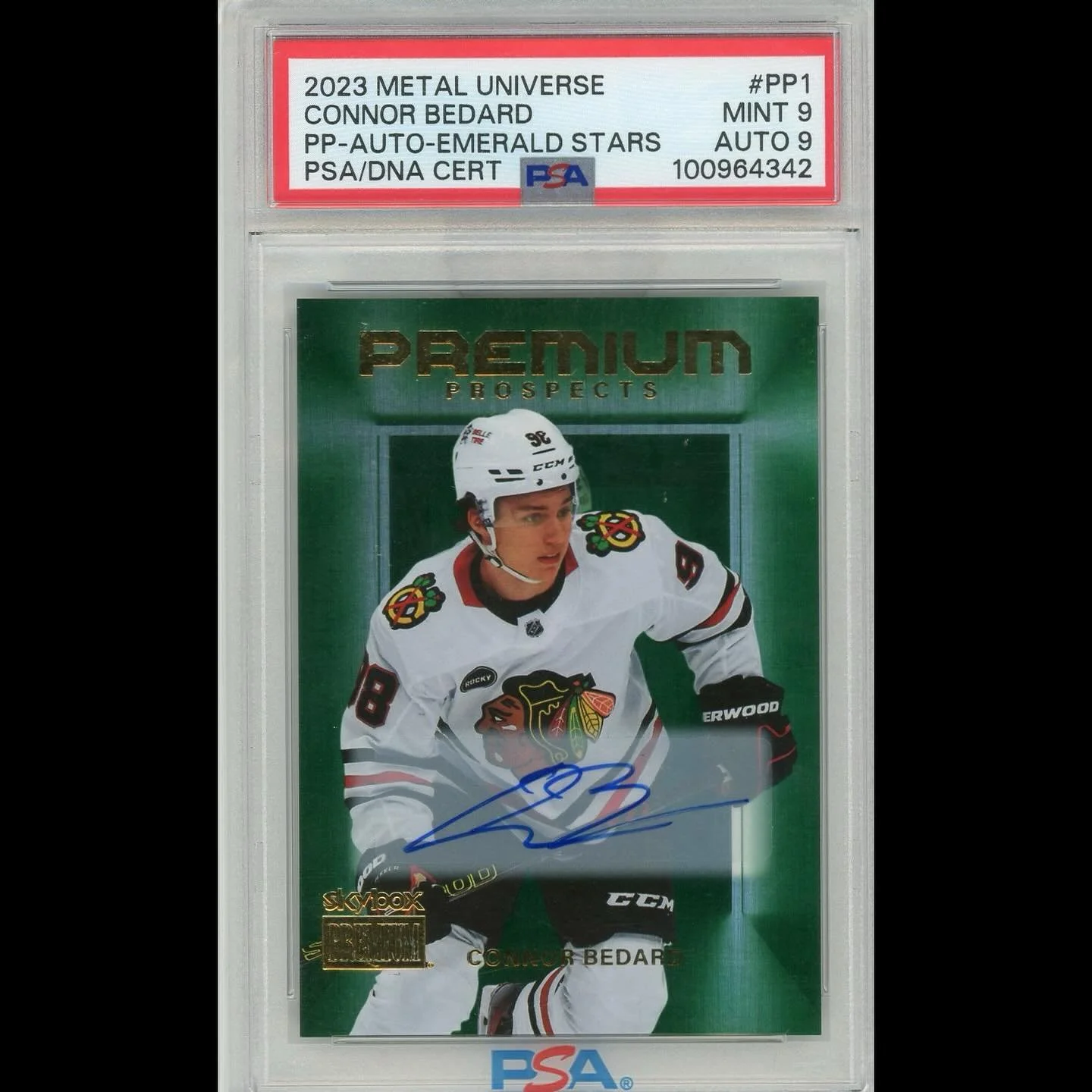 🚨 Daily Inventory Drop 🚨
2023 Metal Universe Connor Bedard Premium Prospects Auto &ndash; Emerald Stars PSA 9 (Auto 9) 💎

Connor Bedard auto in one of the hobby&rsquo;s flashiest sets. DM for pricing! 
#WestonCollectibles #ConnorBedard #RookieCard