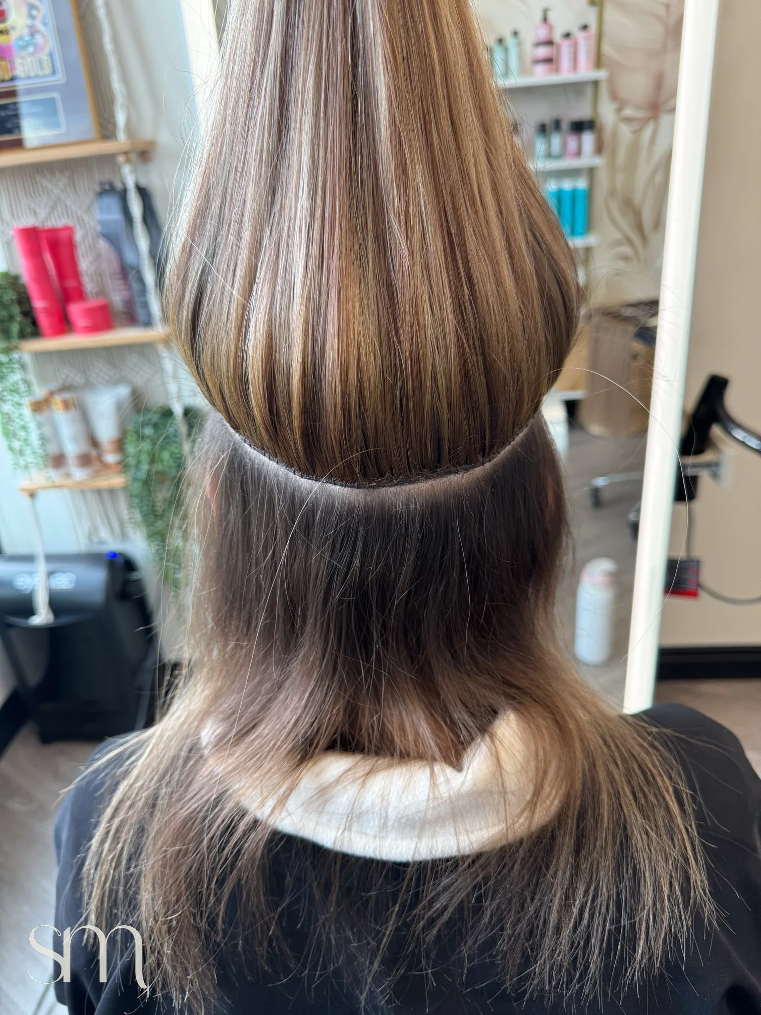 Back of a person's head showing a two-tone hairstyle with a darker brown bottom layer and a lighter, golden brown top layer, in a salon setting.