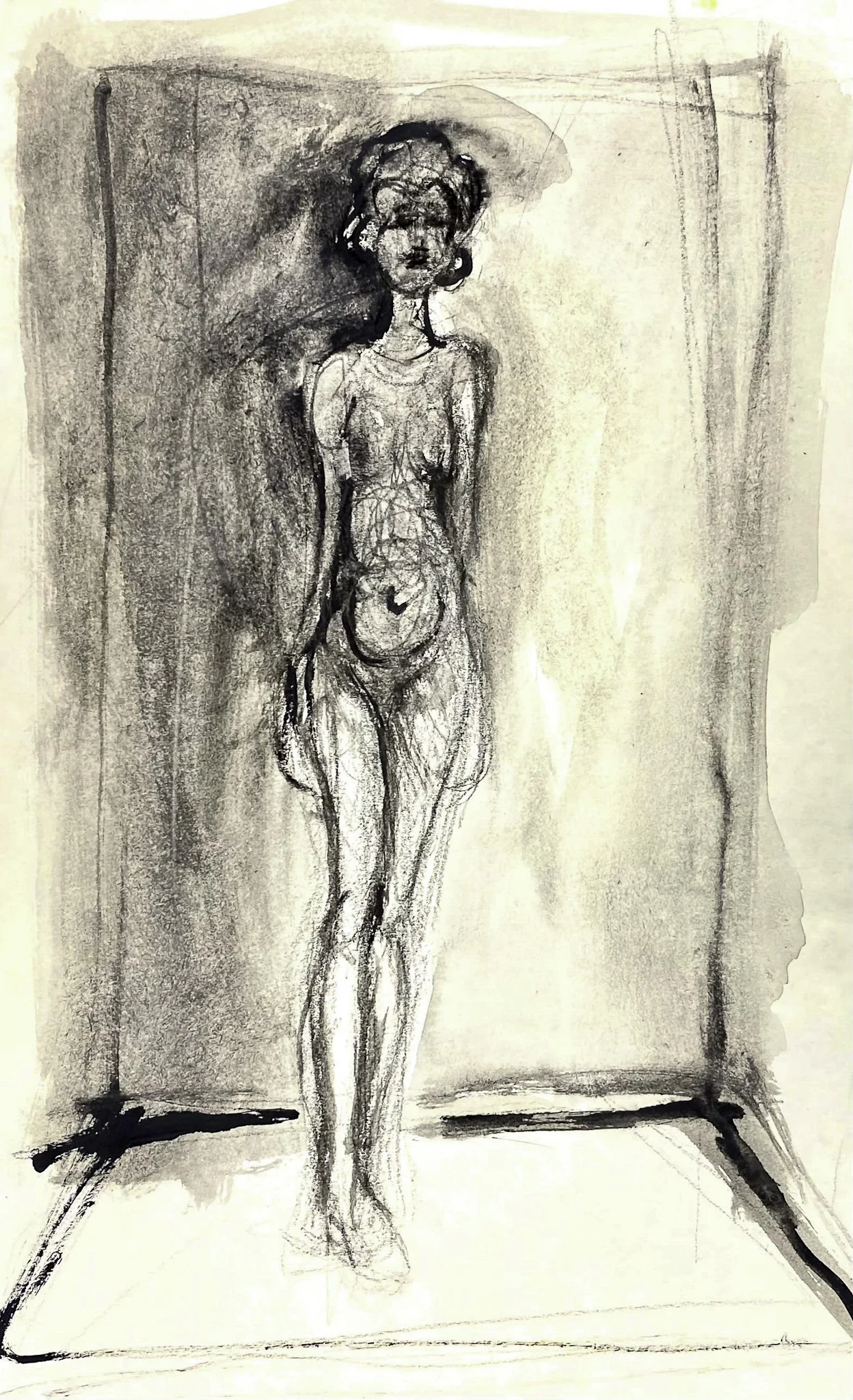 ‘Sketchbook: Figure (after Giacometti)’, Ink, Gouache on Paper, 150 x 250mm 1980s
