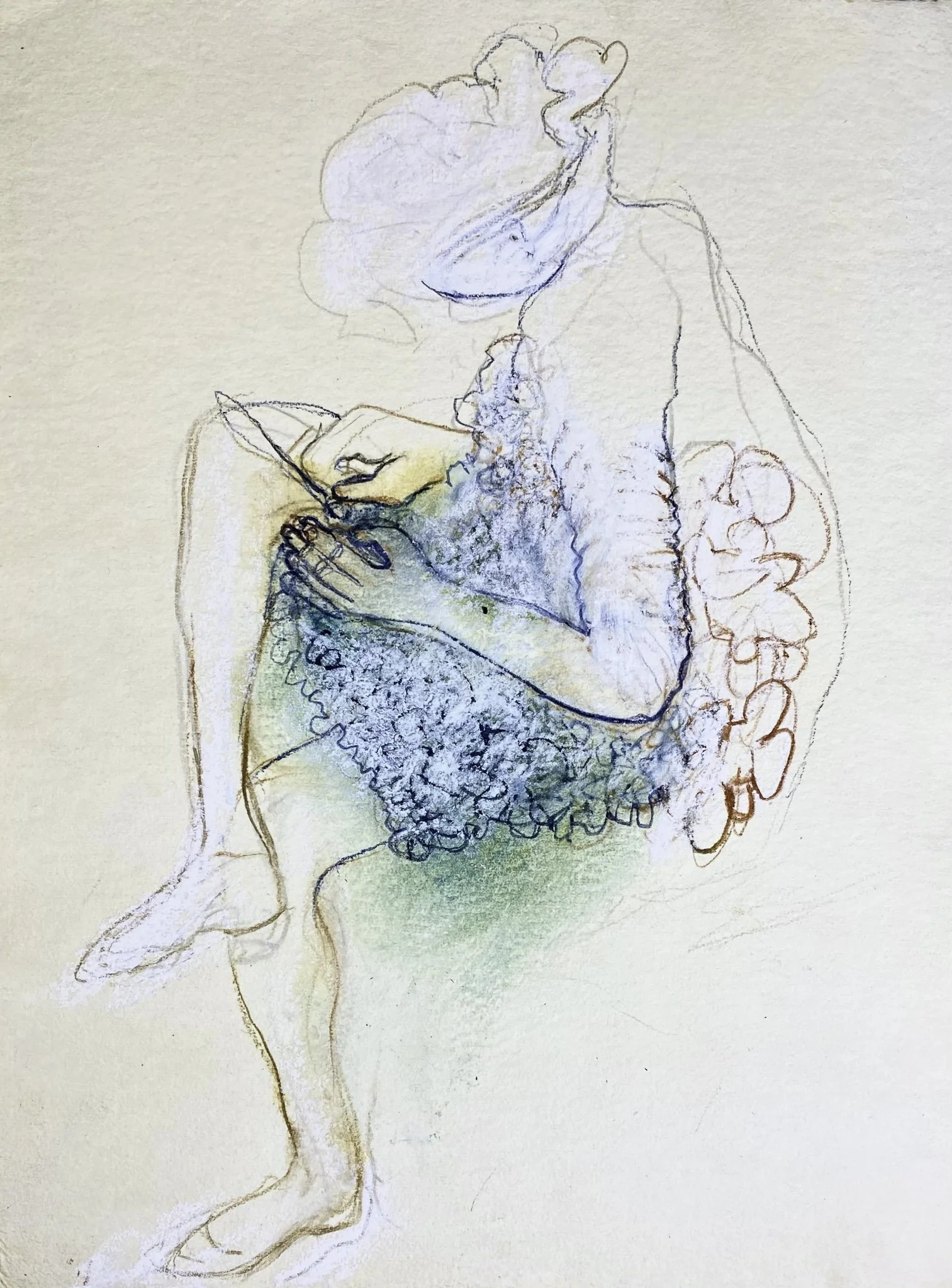 Figure Study (Sewing), Ink, Watercolour on Paper, 260mm x 340mm, 2026
