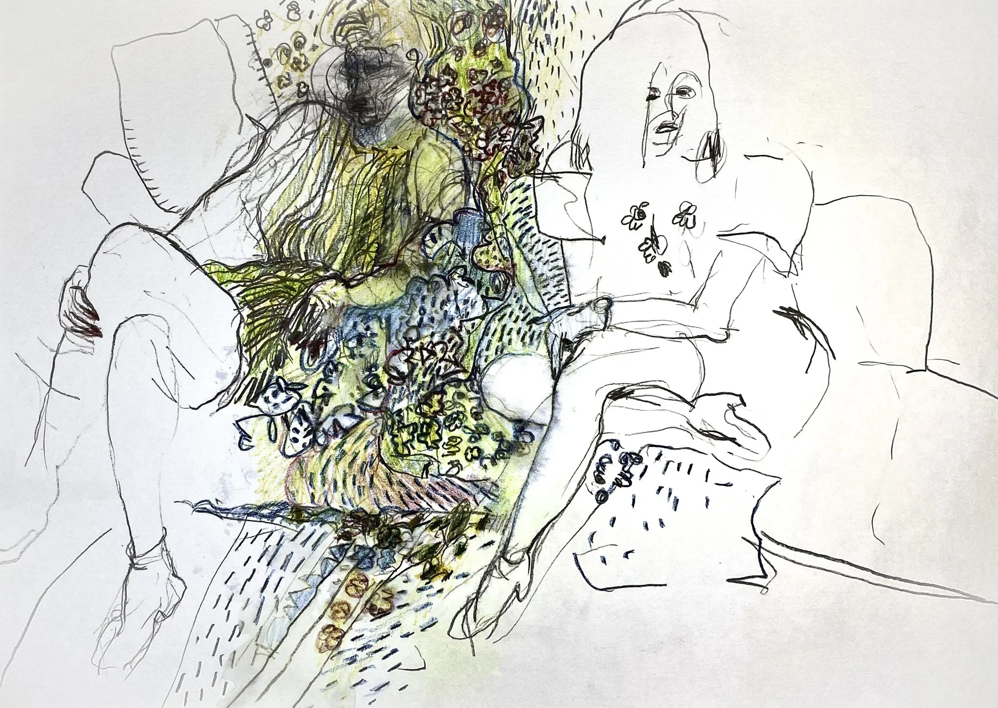 ‘Women on Sofa II’, Mono-print, Ink pencil on Paper, 297mm x 420mm, 2026