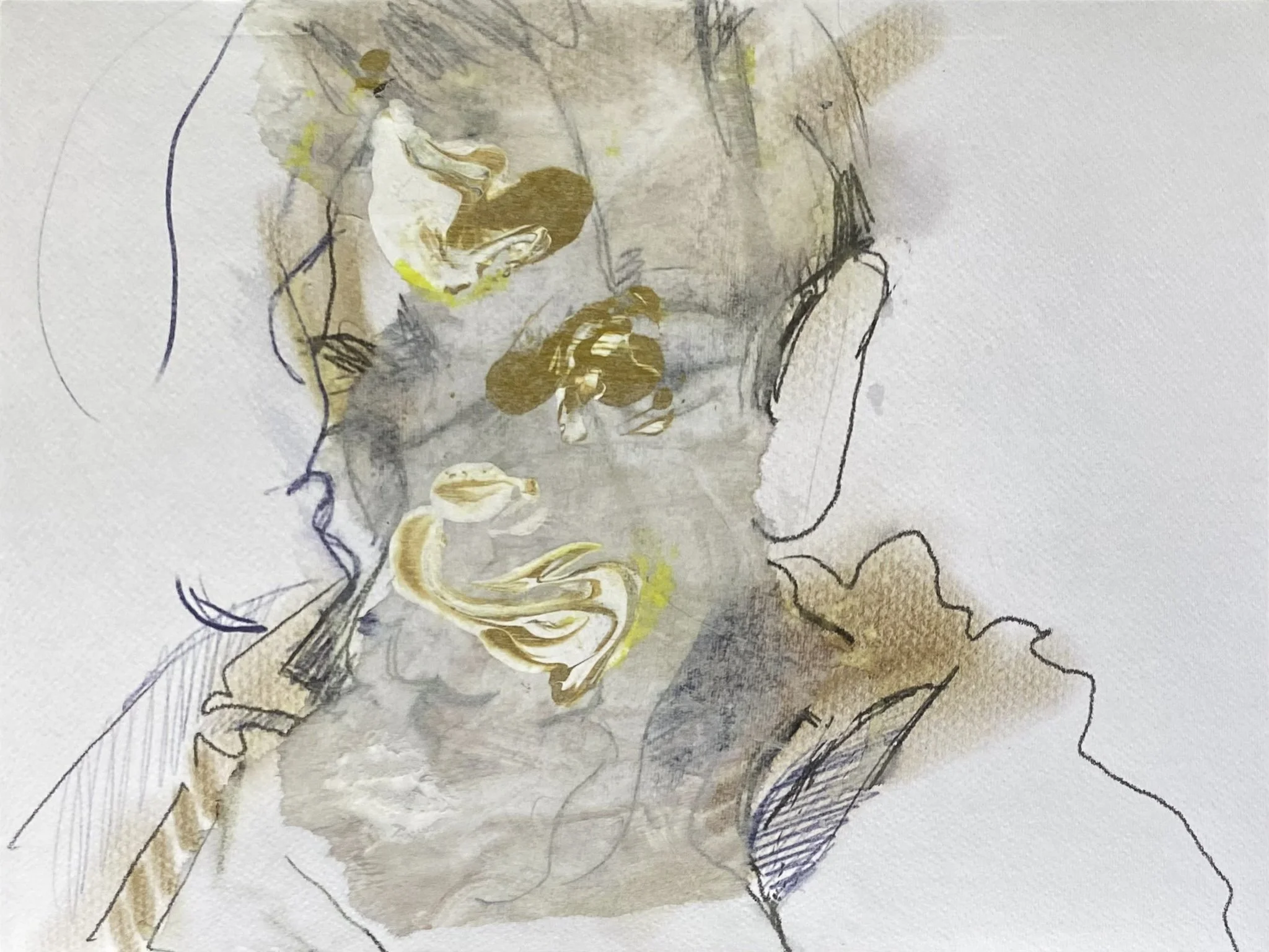 ‘Self-portrait, remembering school tie’, Mixed media on paper, 300mm x 210mm, 2026