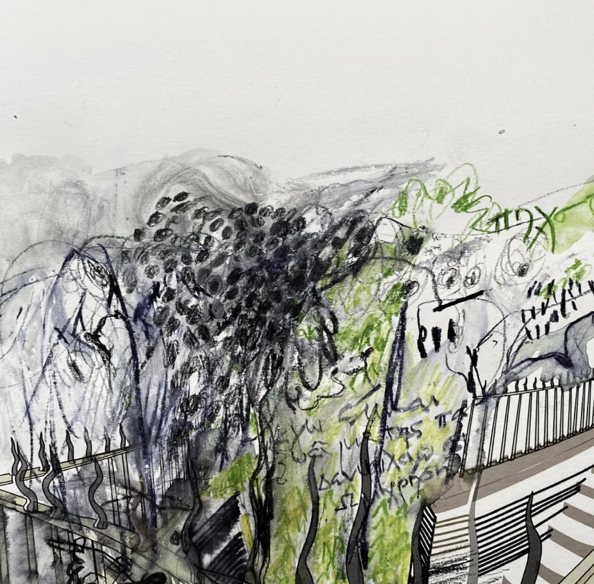 ‘Down there 1’, Mono-print, ink and pencil on paper, 300mm x 270mm, 2026