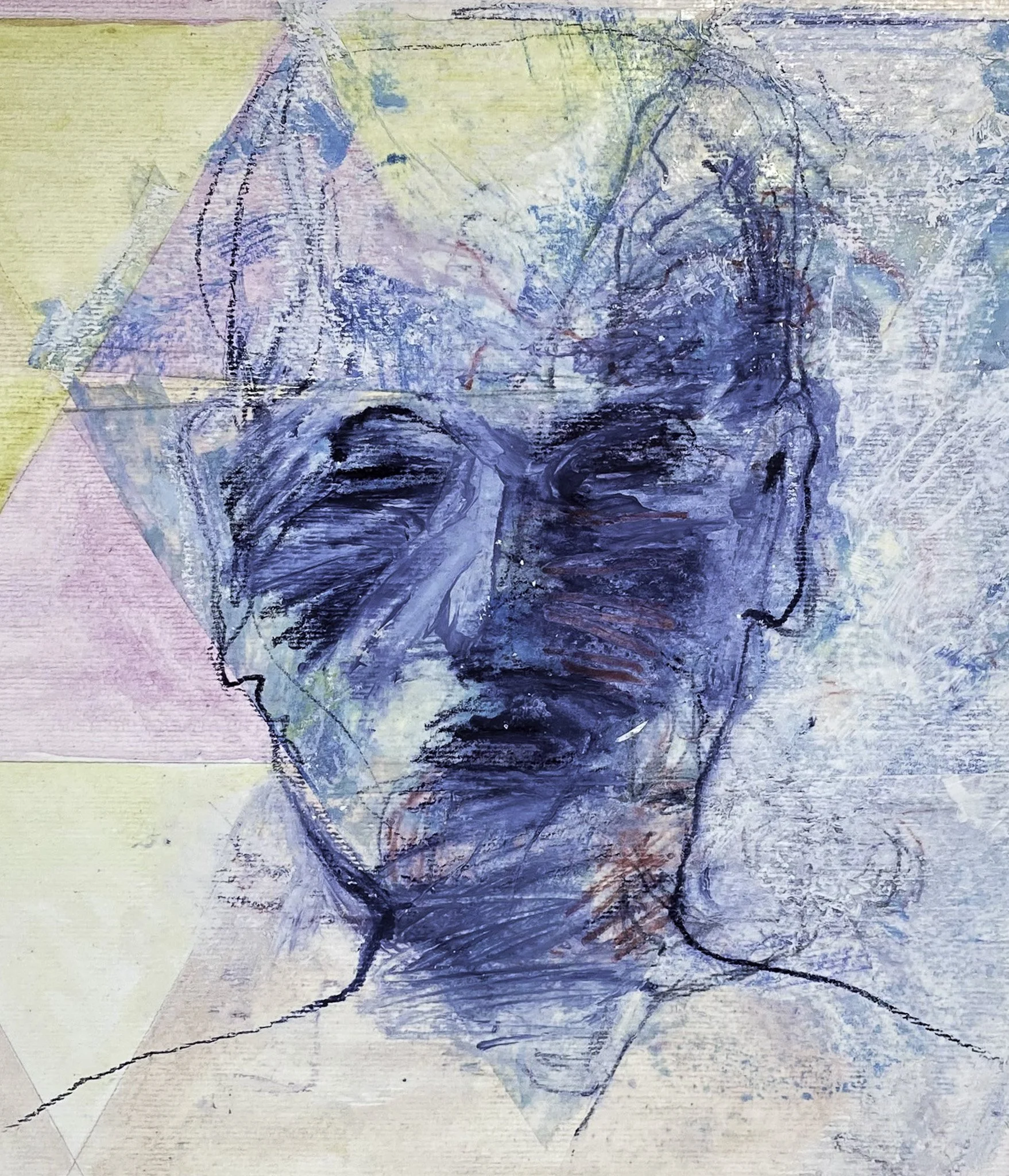 Blue head with pink & yellow triangles, Ink, Acrylic on Paper, 260mm x 340mm, 2026