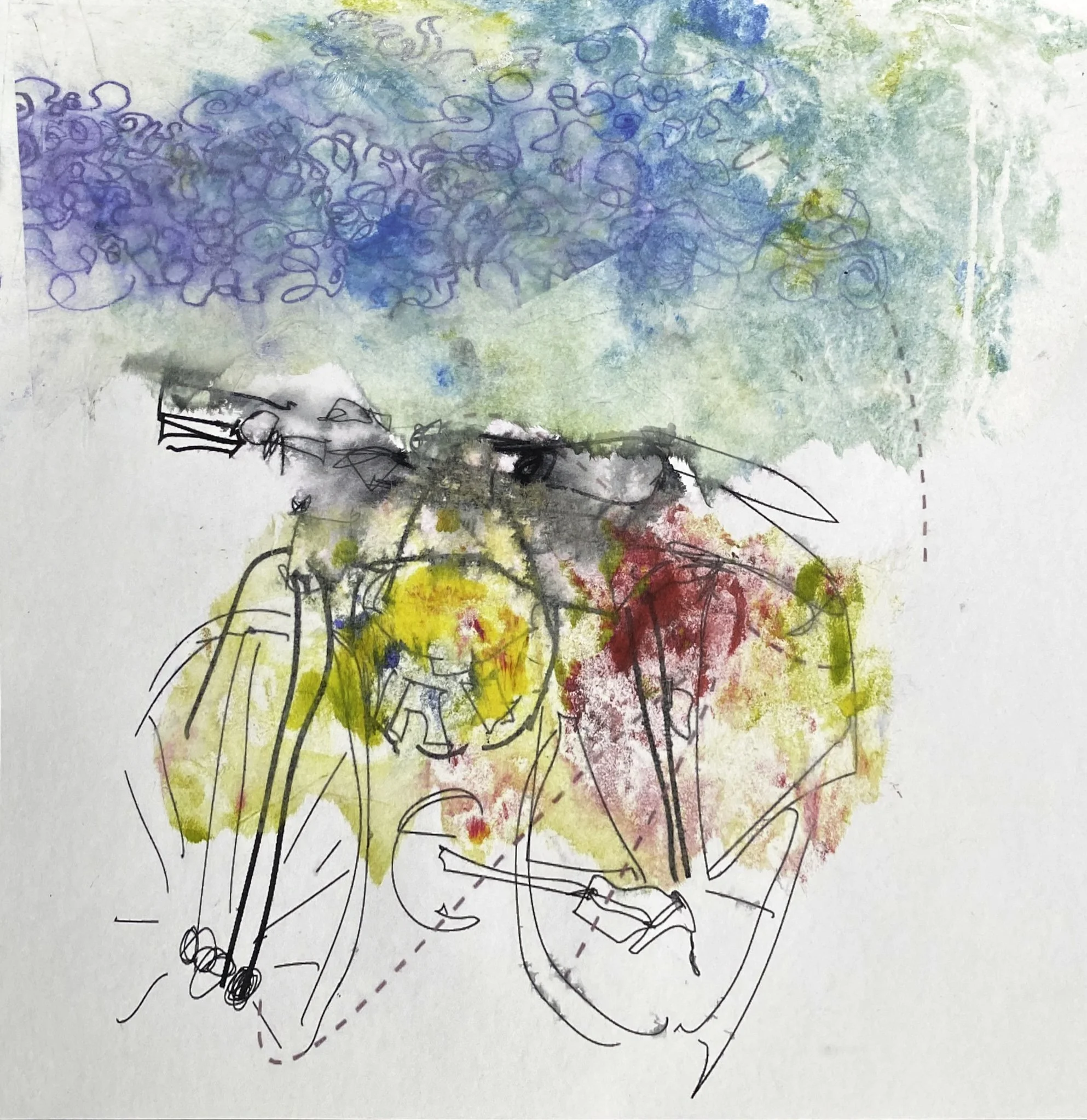 ‘Untitled’ Bike in the rain, Digital Drawing, Ink, Acrylic on Paper, 297mm x 312mm, 2025