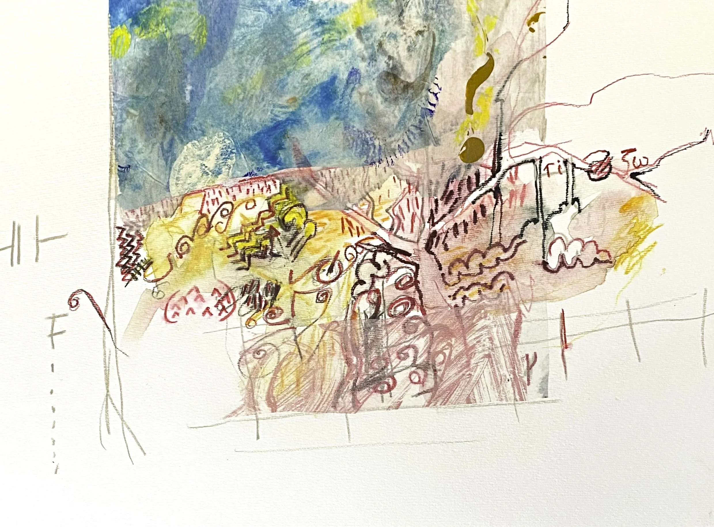 ‘Location, Location, Location (Red, Yellow, Blue), Mixed media on paper, 380mm x 260mm, 2026