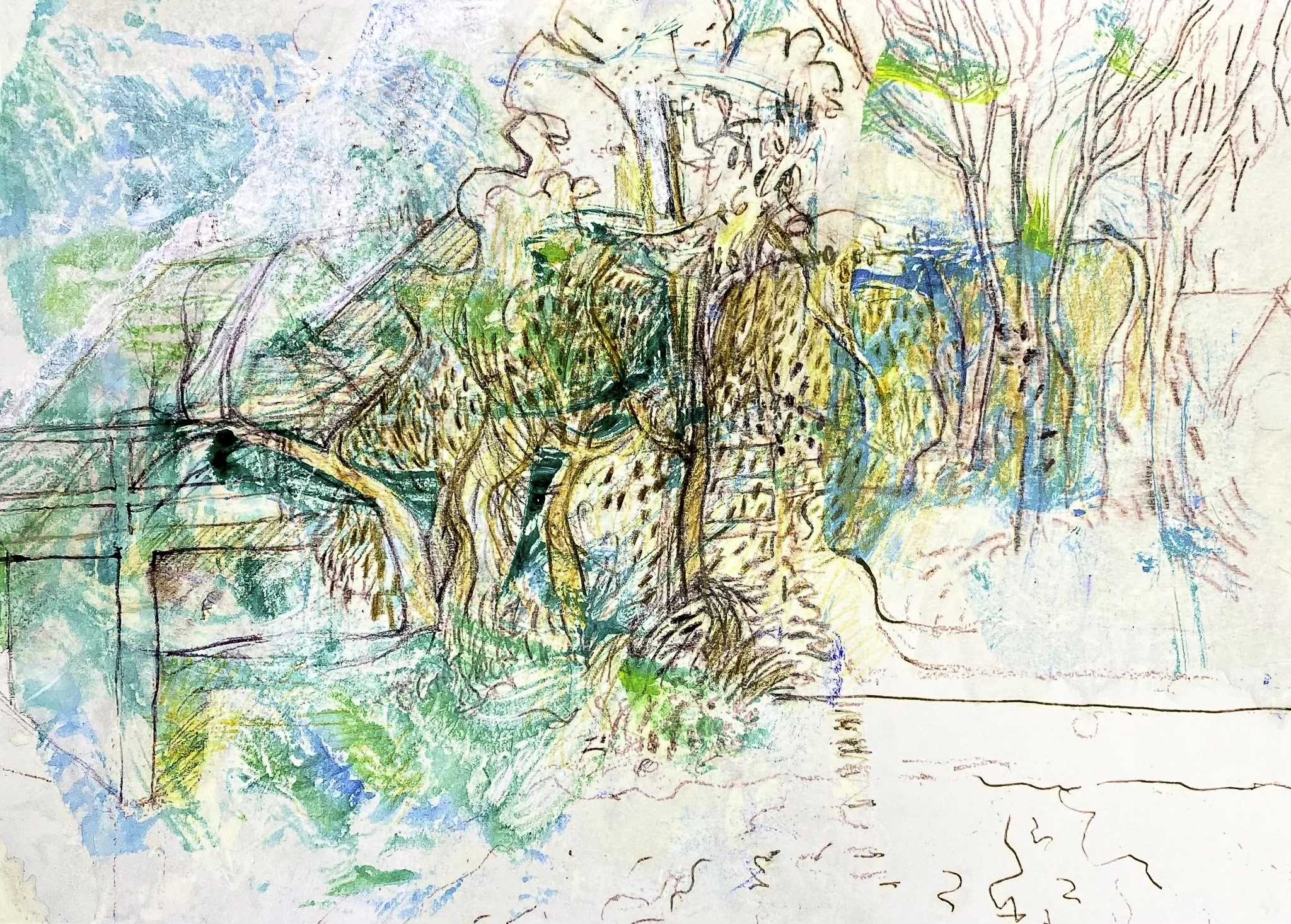 ‘Elster Canal 2 ’, Mono-print, Acrylic, Ink Pencil on Paper, 420mm x 300mm, 2026