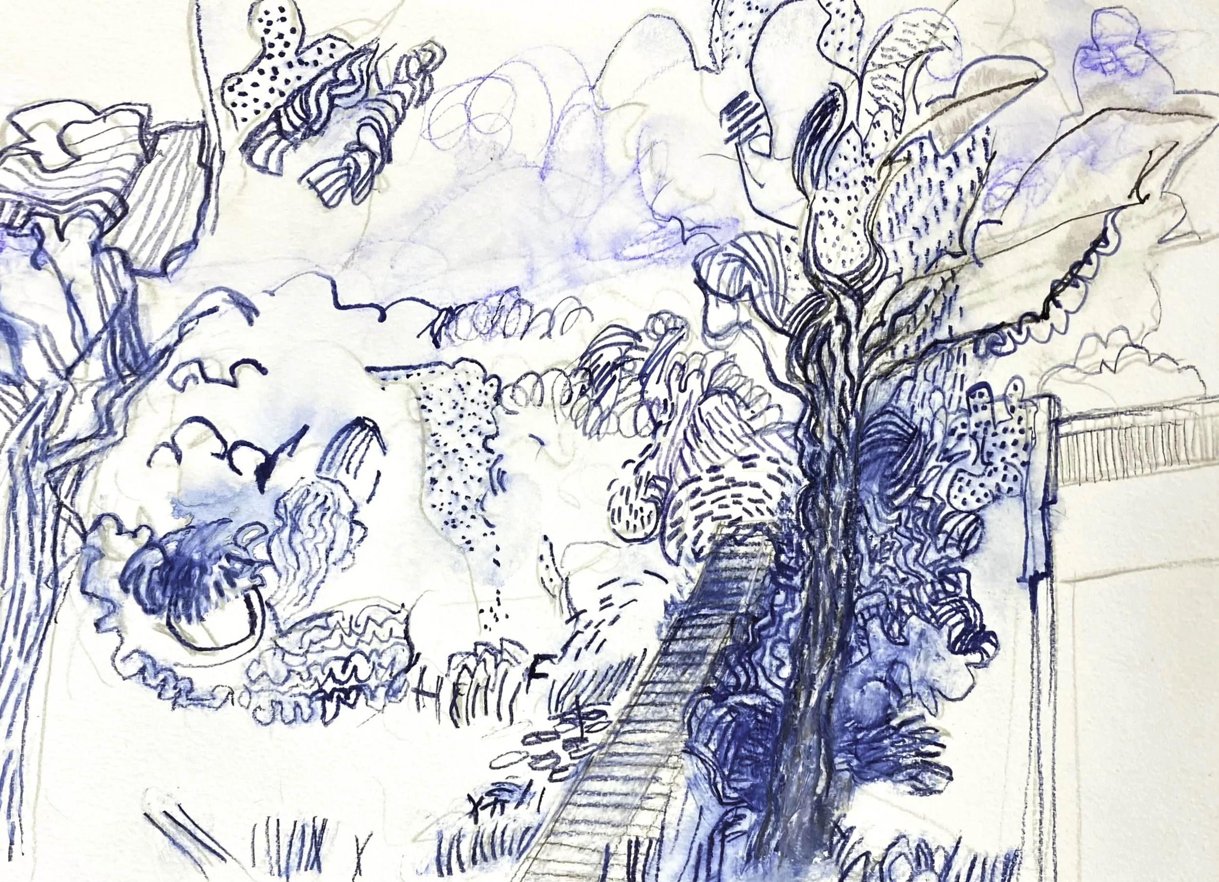 ‘Pedestrian Walkway near Yarra Reserve Park’, Ink Pencil on Paper, 420mm x 300mm, 2026