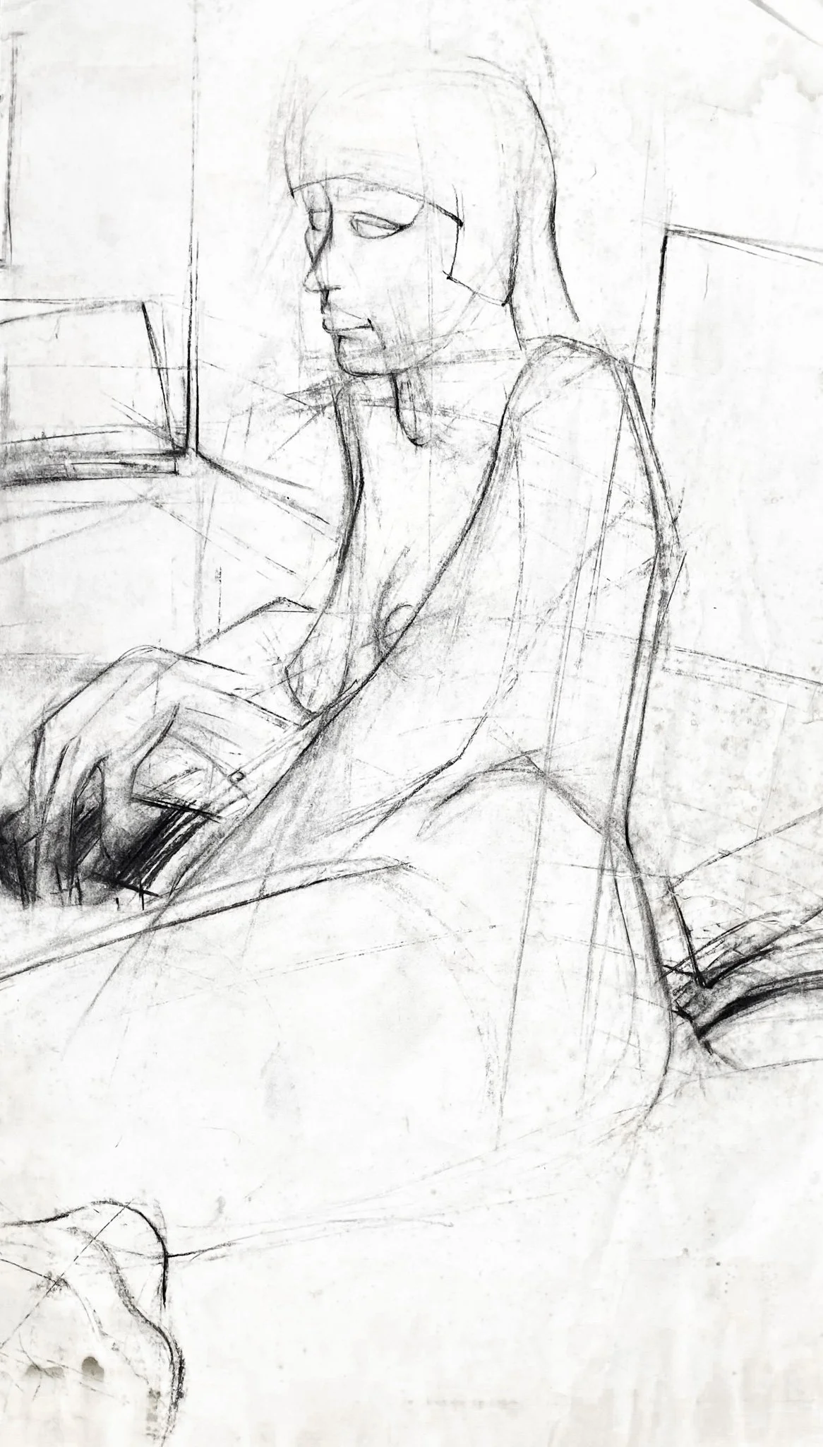 Life Study (Reclining nude with fringe) Stanley Street, Charcoal on Paper, 410 x 740 mm 1980s
