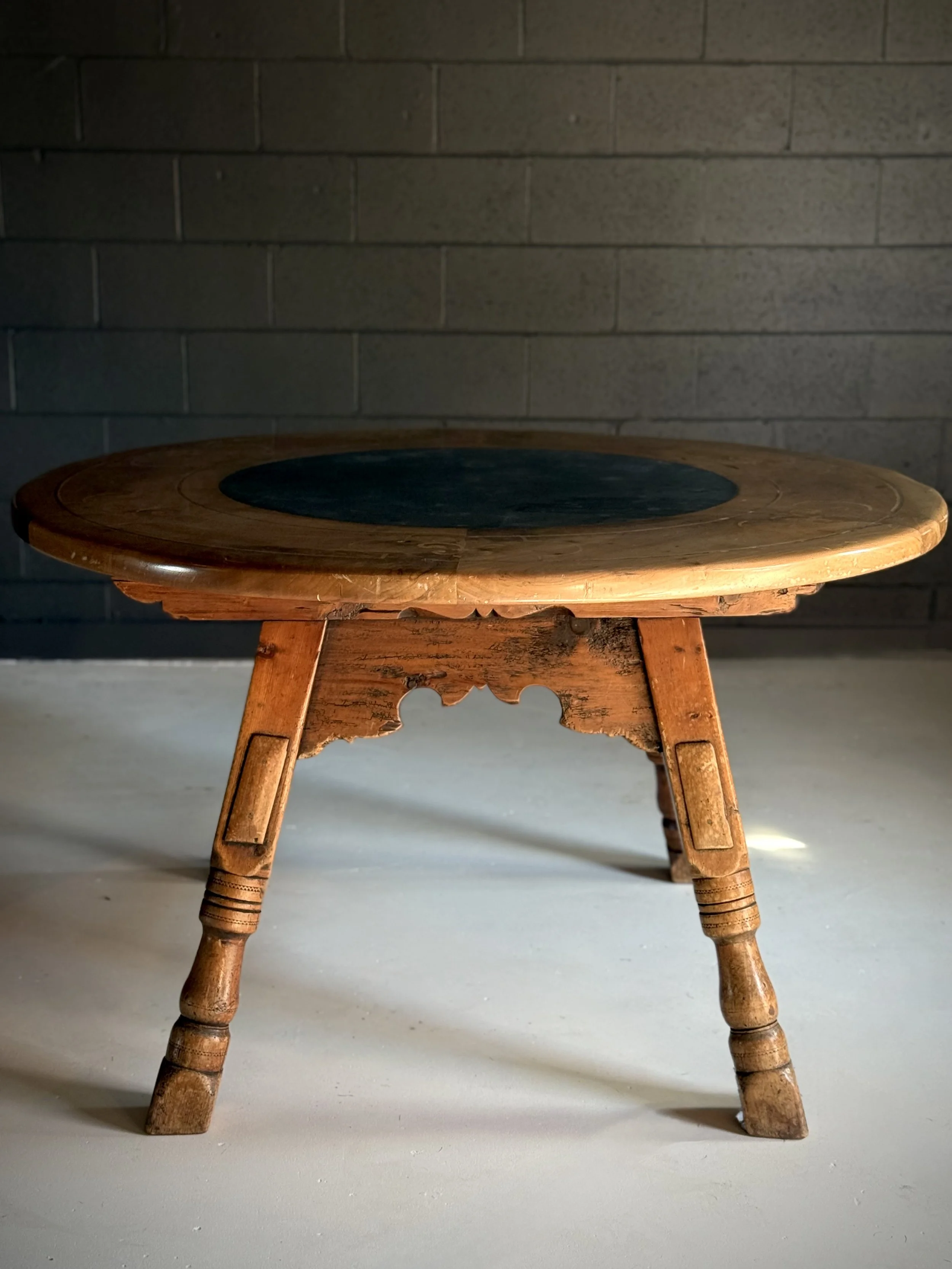 Rare Swiss Alpine Round Table with Inlaid Details and Valais Stone Top, C 17th Century