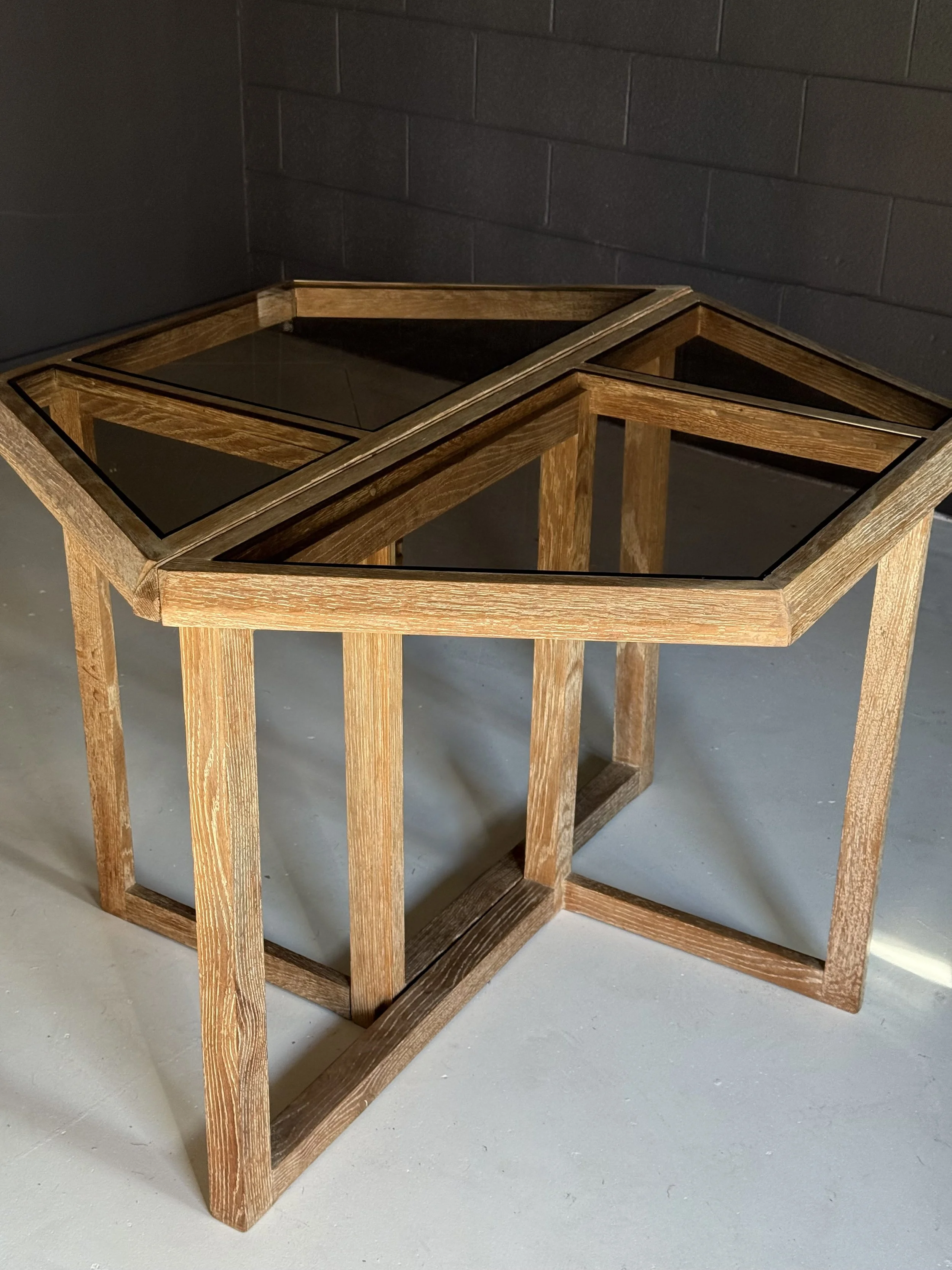 Geometric Cerused Oak Consoles/Center Table with Smoked Glass Top