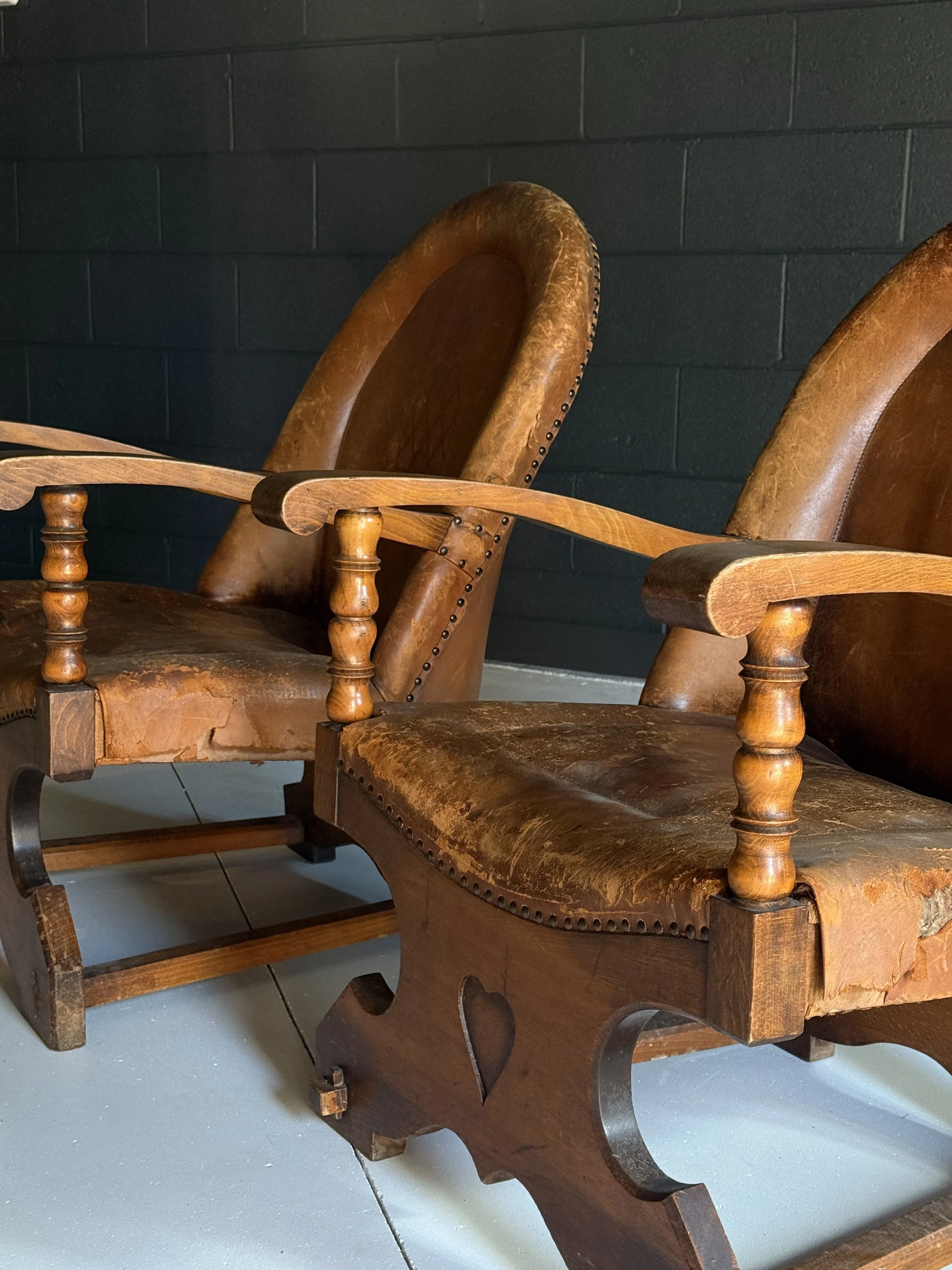Leather Spanish Wood Framed Armchairs Early 20th Century