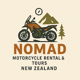 Illustration of a motorcycle, mountain, clock, and a tree with the text 'NOMAD Motorcycle Rental & Tours New Zealand'.