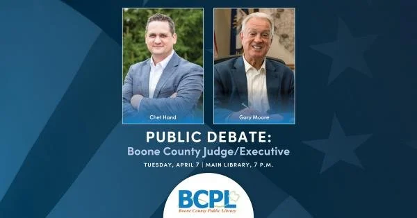 a blue background with two photos, one of Boone County commissioner Chet Hand, the other of current Boone County Judge/Executive Gary Moore above the words 'Public Debate'