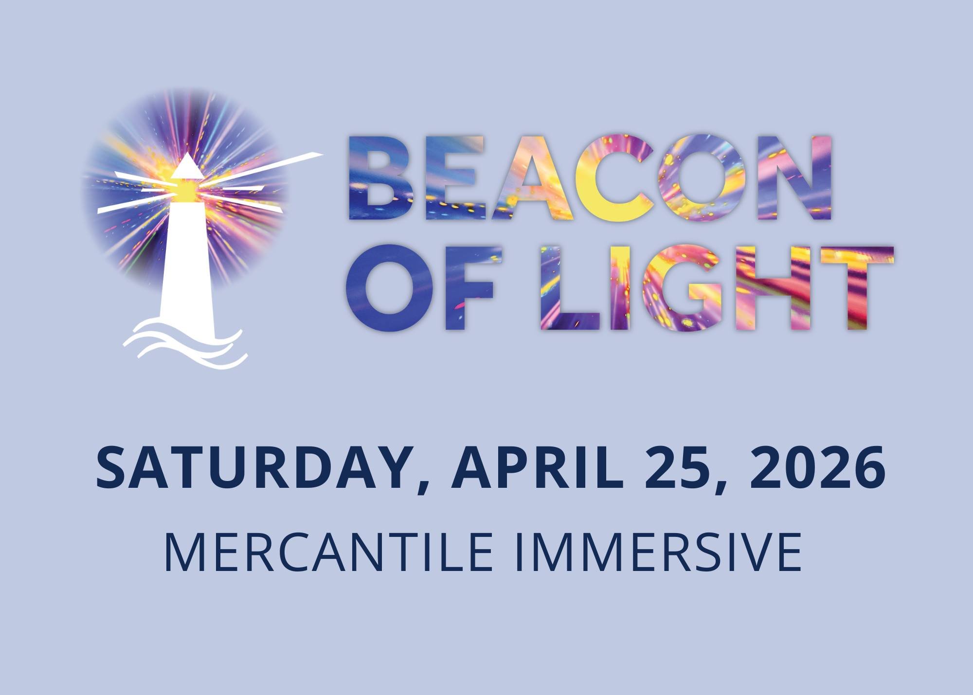 a lighthouse graphic on a lilac background with the words Beacon of Light in a bold multi-color font