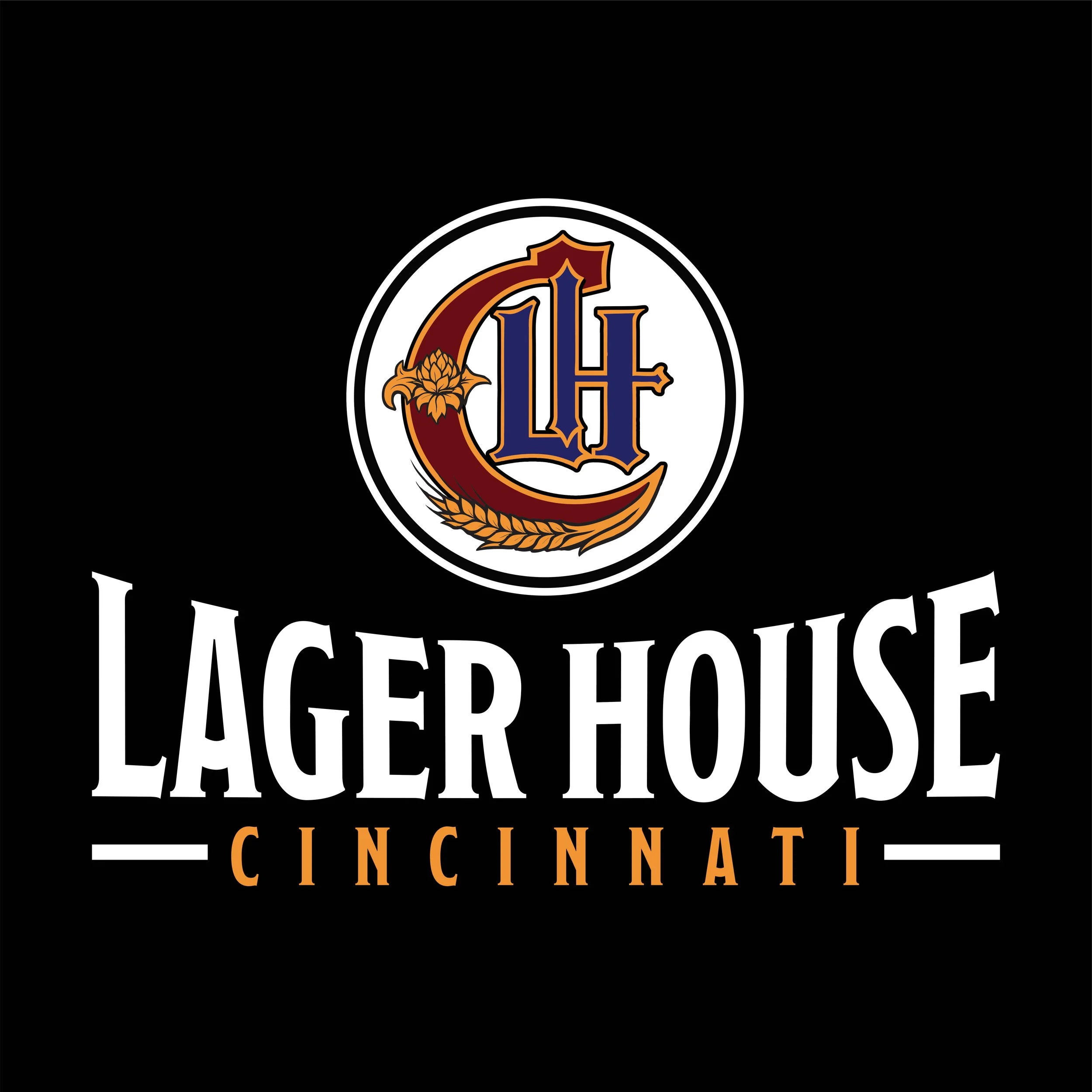 a German styled C, L, and H in a circle above the words Lager House Cincinnati on a black background