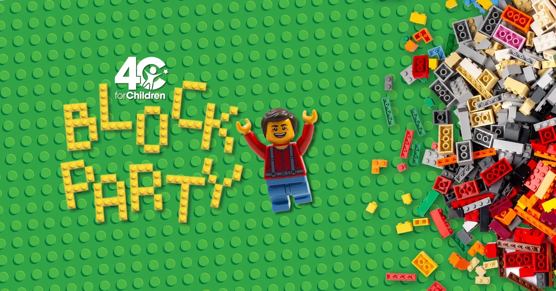 white and yellow Lego bricks spell 4C for Children Block Party on a green Lego background with a Lego man character and assorted Lego pieces on the right side