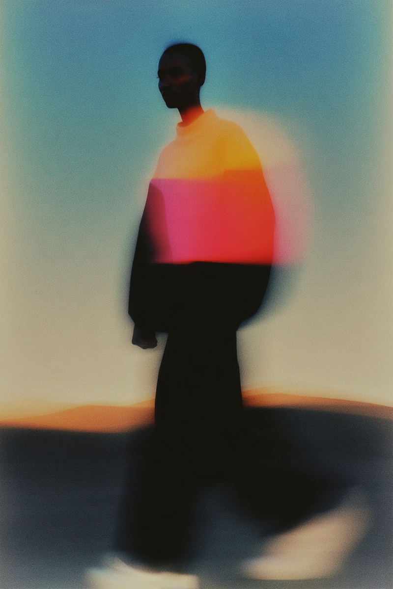 A blurred silhouette of a person standing against a colorful sky background, with an influence of sunset or sunrise hues.