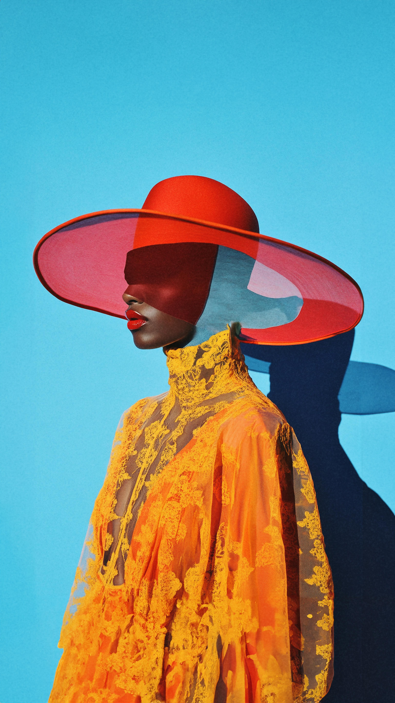 A woman wearing a large red hat with a wide brim, a yellow lace dress, and red lipstick, standing against a blue background, with her shadow visible on the wall.