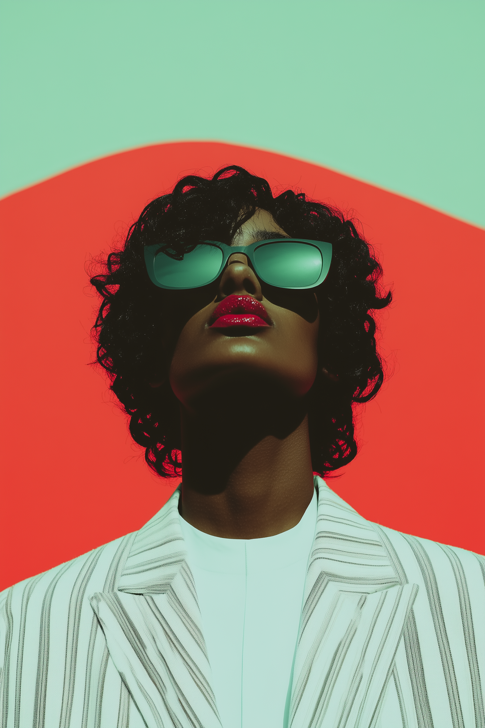 Woman with curly hair wearing sunglasses and a striped blazer against a colorful abstract background.