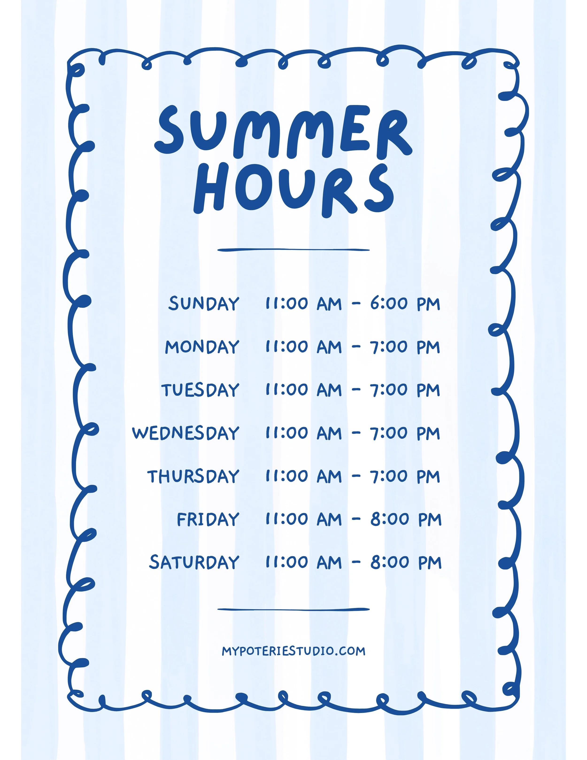 Starting June 1st, My Poterie will be open every day for the summer! Come cool off, take a break from screens, and spend some time getting creative ☀️

Walk-ins are always welcome, so stop by anytime and paint with us! 🎨

New activities and fun thin