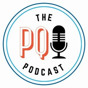 Logo for 'The PQ Podcast' featuring stylized text and a microphone inside a circular border.