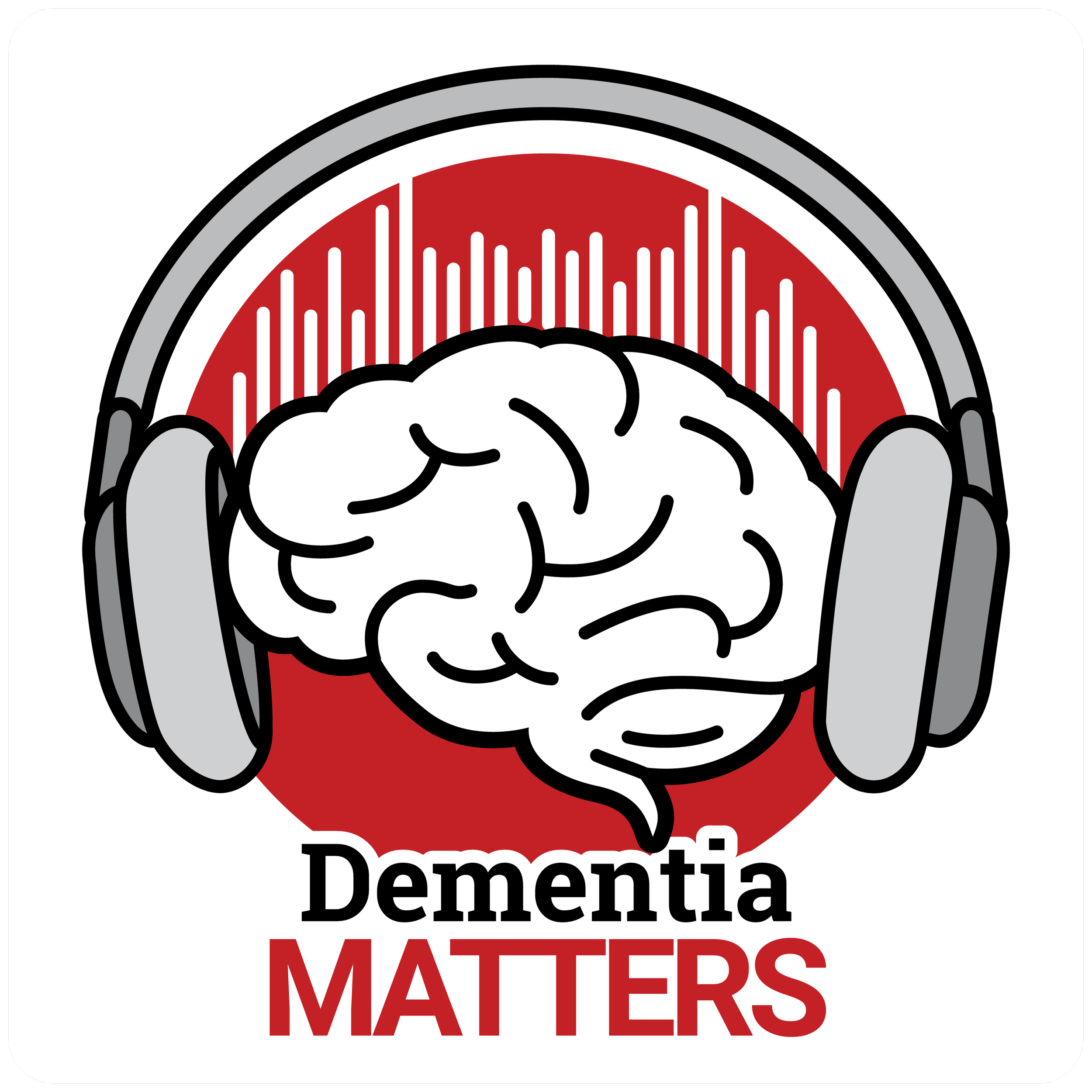 A graphic of a brain wearing headphones with a red background featuring vertical white lines, and the text 'Dementia Matters' below it.