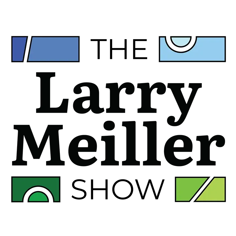 Logo for the Larry Meiller show, a colorful illustration of a dollar bill with T-shaped symbols at the top and bottom