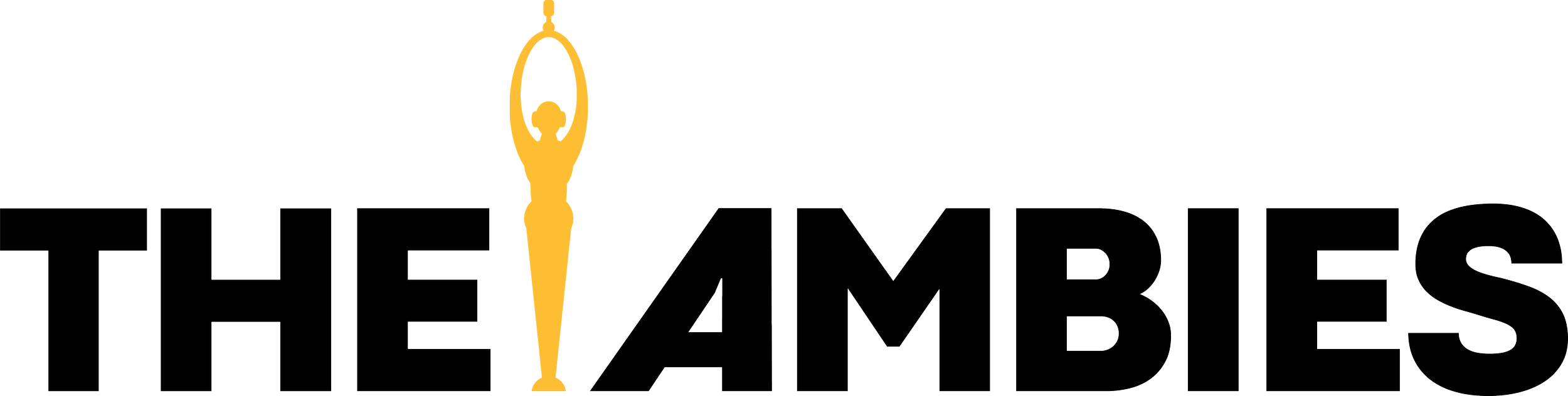 Logo for The Ambies award with a gold trophy figure in the shape of a person holding a microphone above the text 'THE AMBIES'