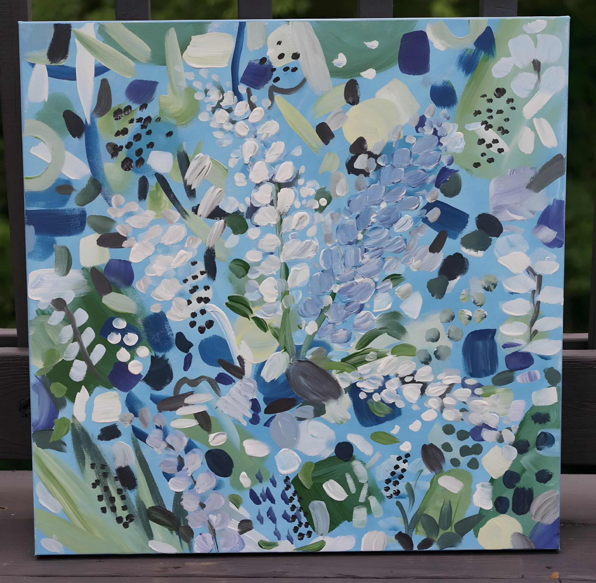 Abstract floral painting with shades of blue, white, and green, depicting clusters of flowers and leaves.
