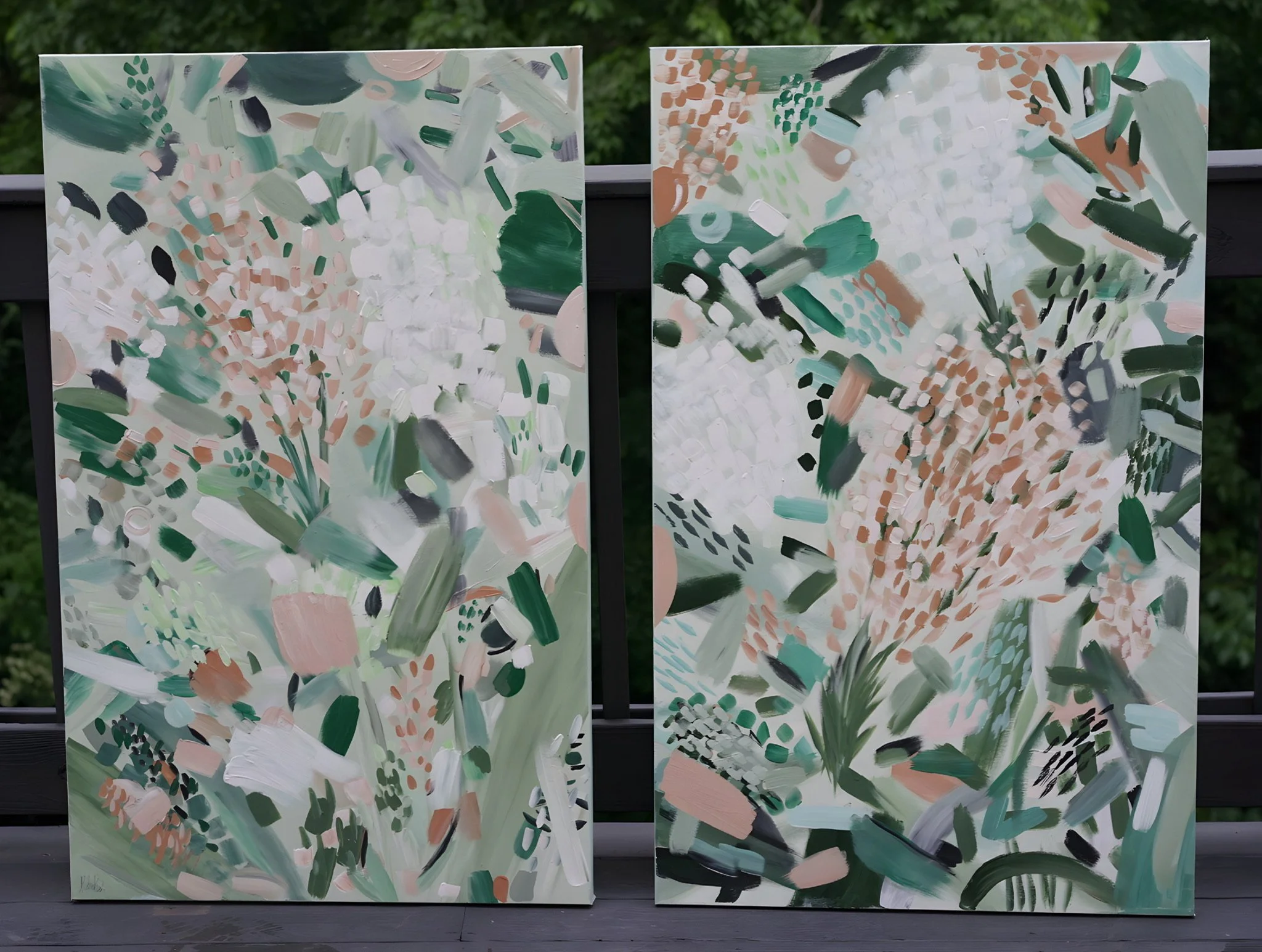 Two abstract, impressionistic paintings with pastel colors and brushstrokes, depicting floral and plant motifs,