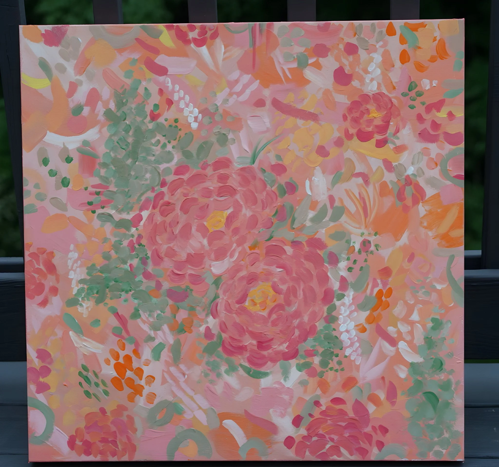 Abstract floral painting with pink, orange, peach, white, and green brushstrokes depicting a floral arrangement.