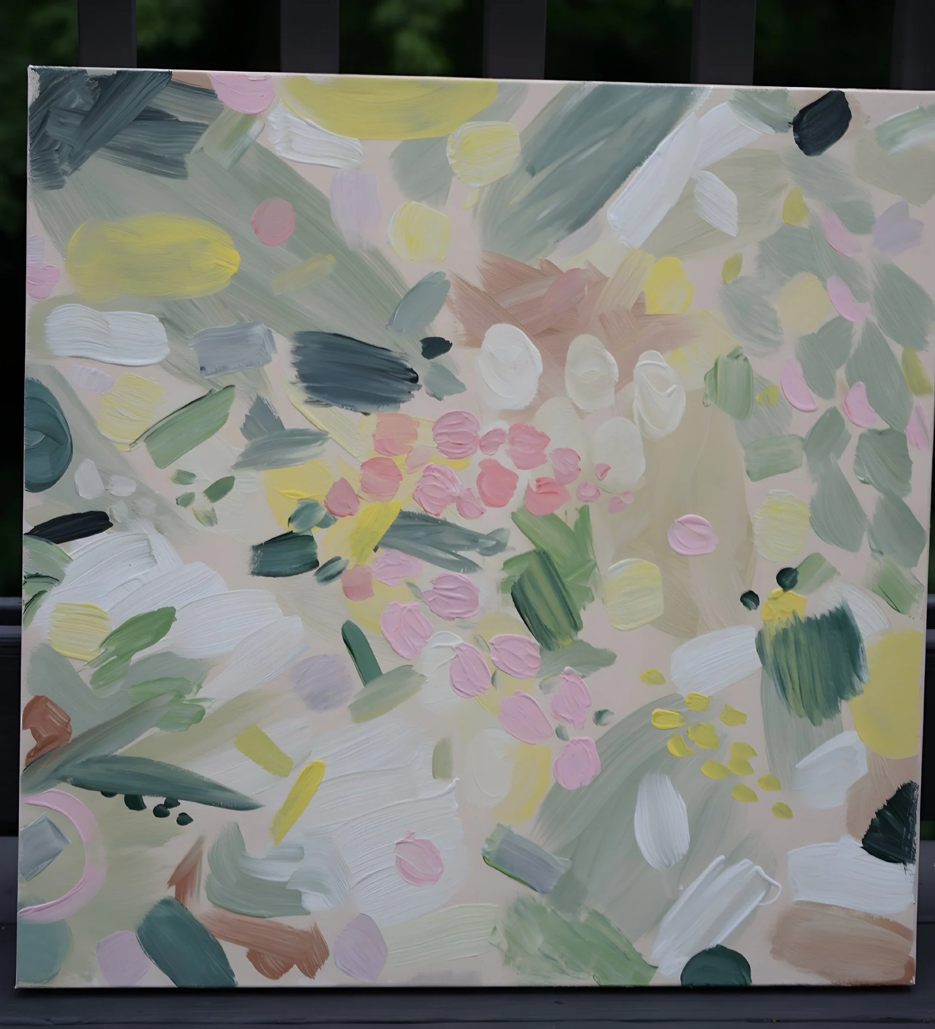 Abstract impressionistic painting with various brushstrokes in pastel colors, including pink, yellow, white, green, and gray.