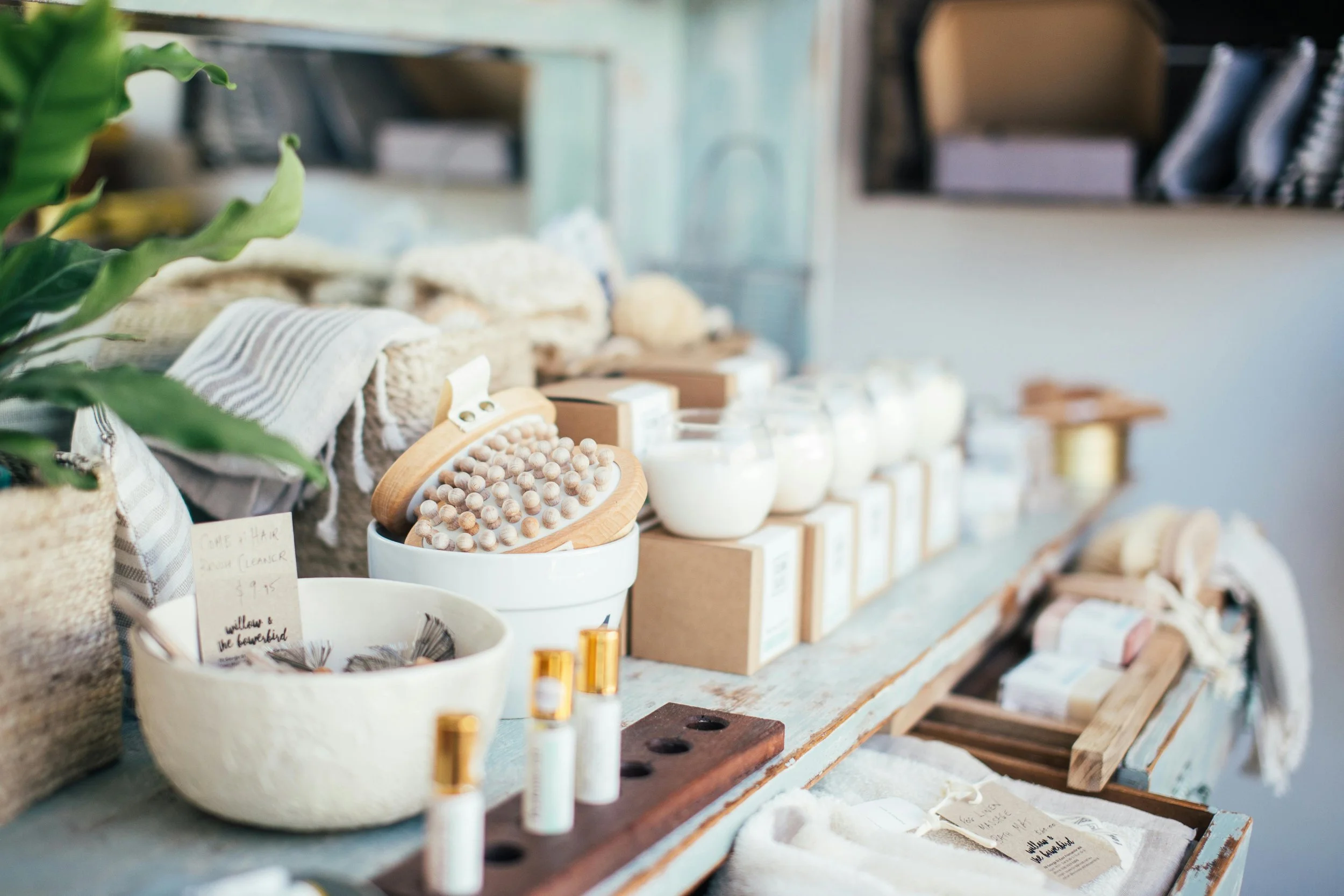 Wellness items displayed on a table.