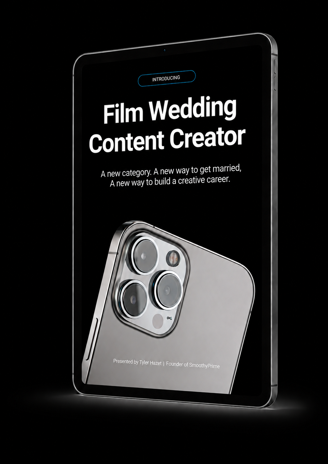 Black advertising display for a new film wedding content creator app, featuring a large image of a smartphone with a triple camera and text promoting the app's features.